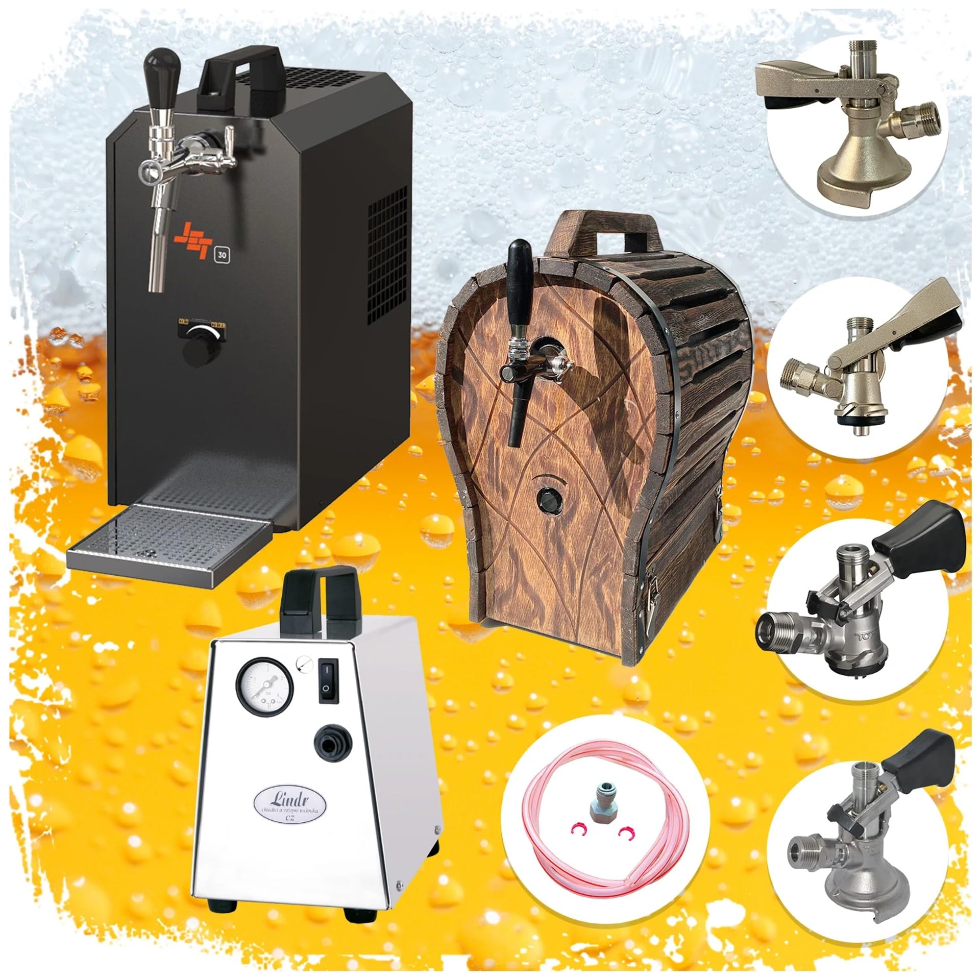 Kit Completo dispensador de Cerveza Jet 30 con maletín, Enfriador de Flujo Continuo 1 vía hasta 35 l/h, Barril de Madera, Grifo Triangular y keg Tipo G