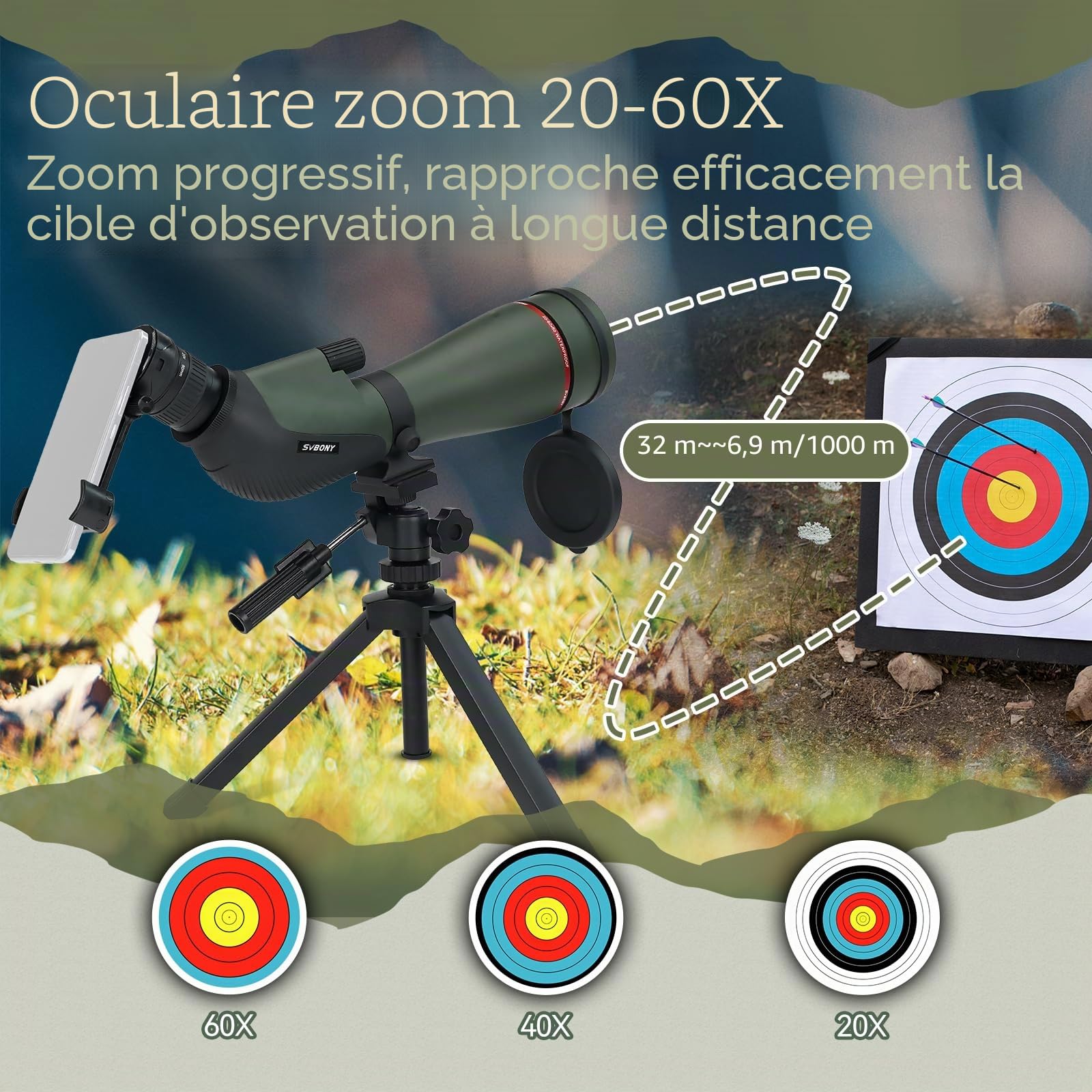 Svbony SA412 Longue-Vue 20-60x80mm, HD FMC Longue-Vue avec 1.25” Oculaire, avec SV146 Trépied de Bureau Ajustable Adaptateur de Téléphone Télécommande, pour Tir à la Cible Chasse
