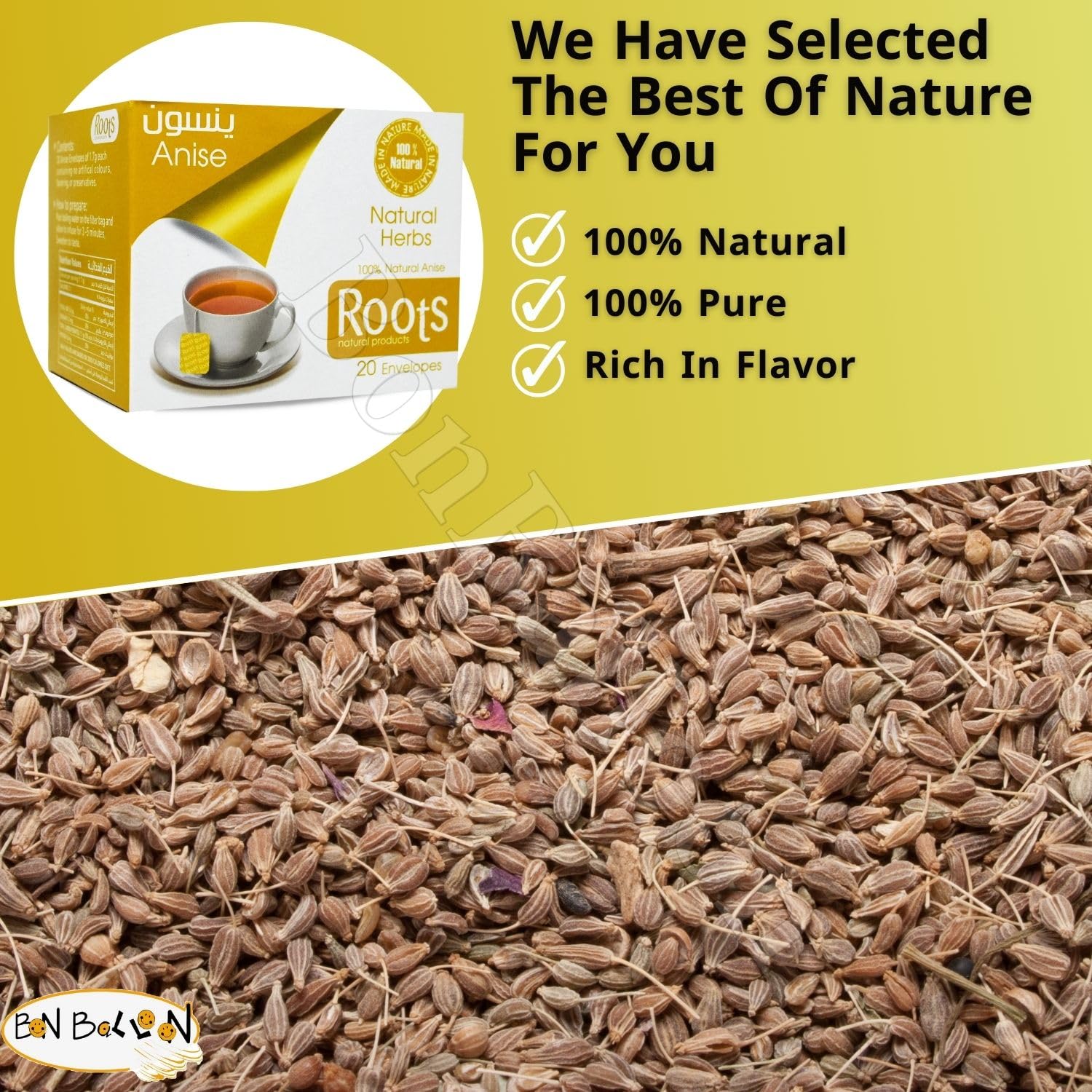 Roots Anise Natural Herbs Tea Pure Egyptian Herbal Egypt No Artificial Coloring & Flavors Non Gmo No Additives No Preservatives Kosher Halal (1 Pack = 20 Bags) رووتس ينسون image 4