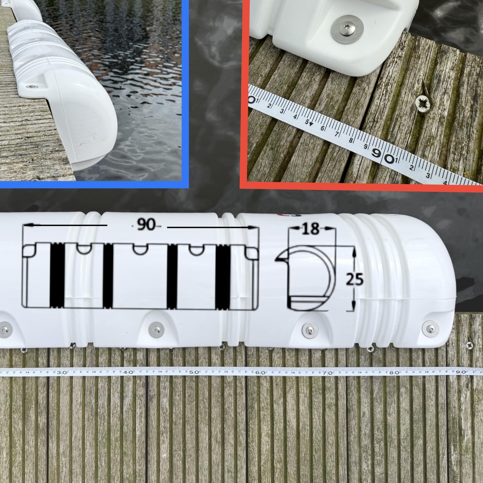 Boot Stegfender Lang aufblasbar Kanten Boxenfender Dock Bumper Motorboot Segelboot Marine Fender Allwetter Anlegefender Lang 90cm x 25cm Gross Weiss