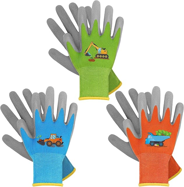 WAWSAM Gants de jardinage pour enfants 3 Gants de travail en caoutchouc, Gants Jardinage, Taille pour les garçons et les filles 3-7 ans