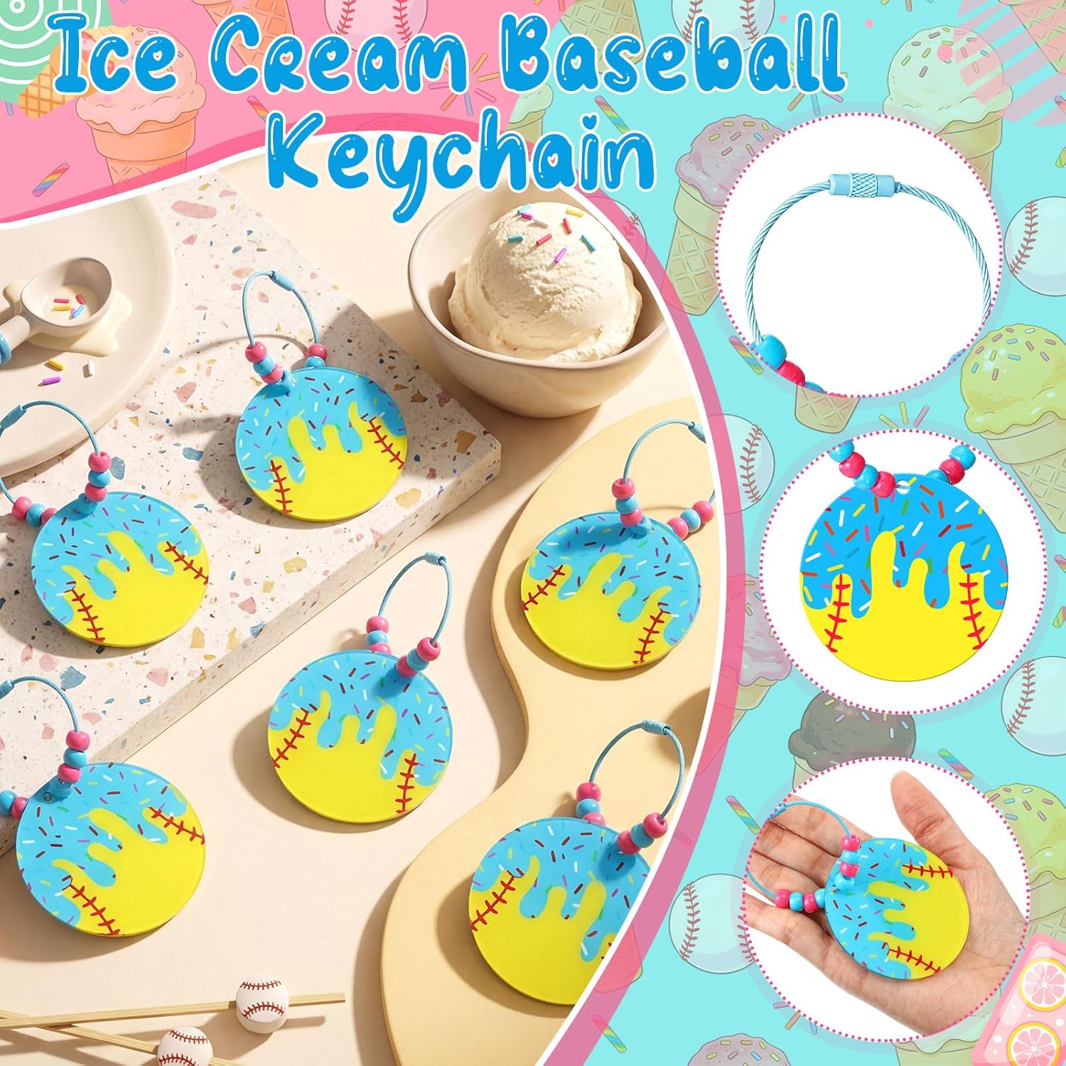 Equsion 18 Sets Ice Cream Drip Baseball Bag Tag with Beads, DIY Name Acrylic Keychain, Baseball Ice Cream Drip Theme Party Gifts for Team Sport Favor Suitcase Luggage Bag Tags(Round,Blue Gold)