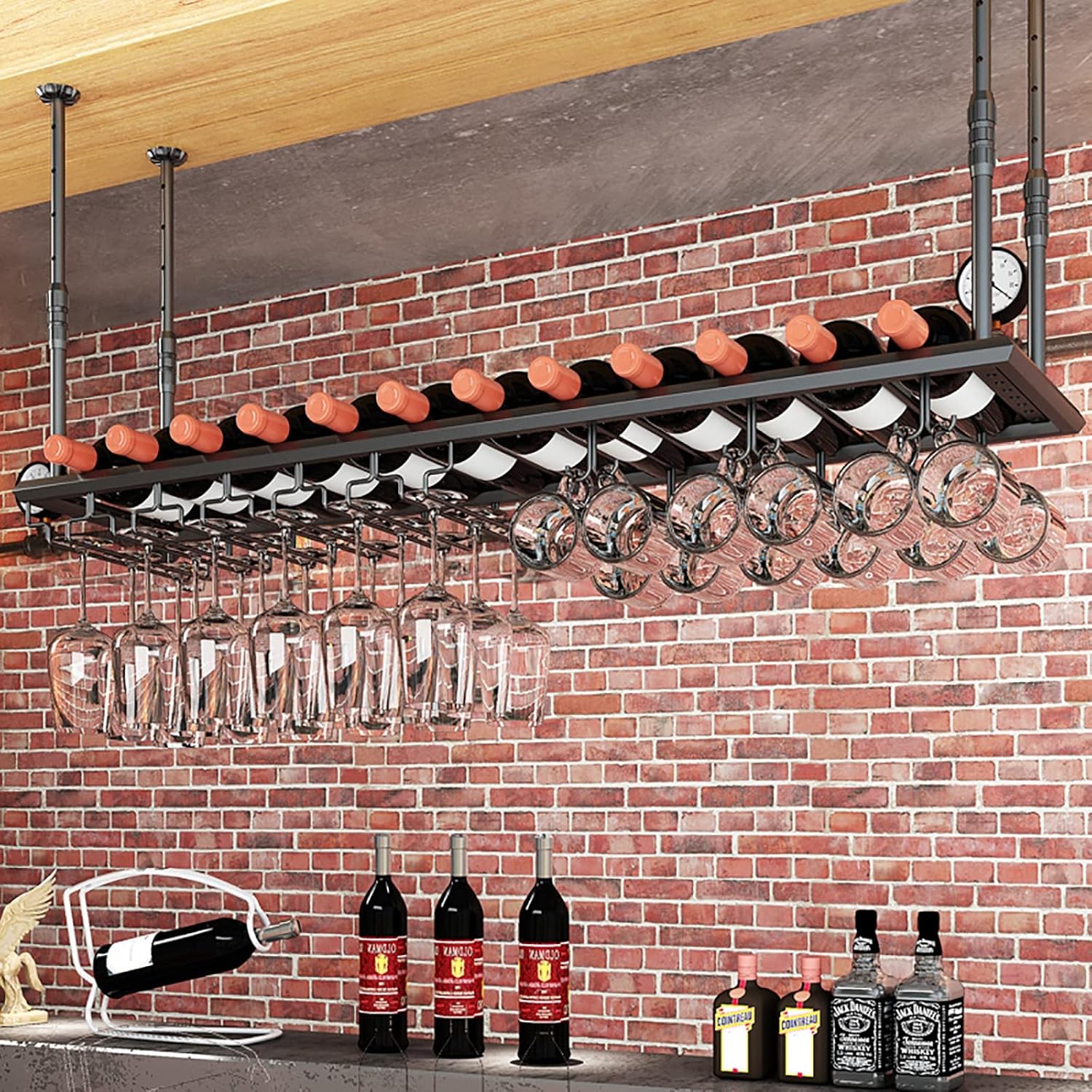 Hanging Wine Glass Holder Hanging Goblet Rack,Adjustable Height,Stemware Glass Holders,Ceiling Wine Rack,Vintage Iron Wine Bottle Holder,Wall Mounted Wine Cabinet Wall Shelf