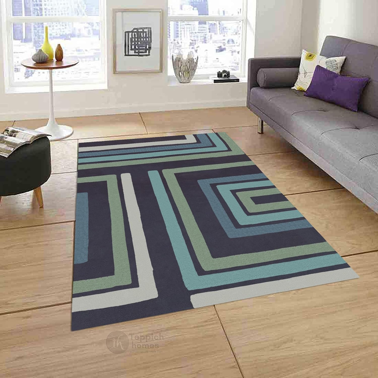 Hand Tufted Wool Area Rug Navy Teal, Modern Geometric Handmade Carpet for Living Room Bedroom Dining Space 7x10