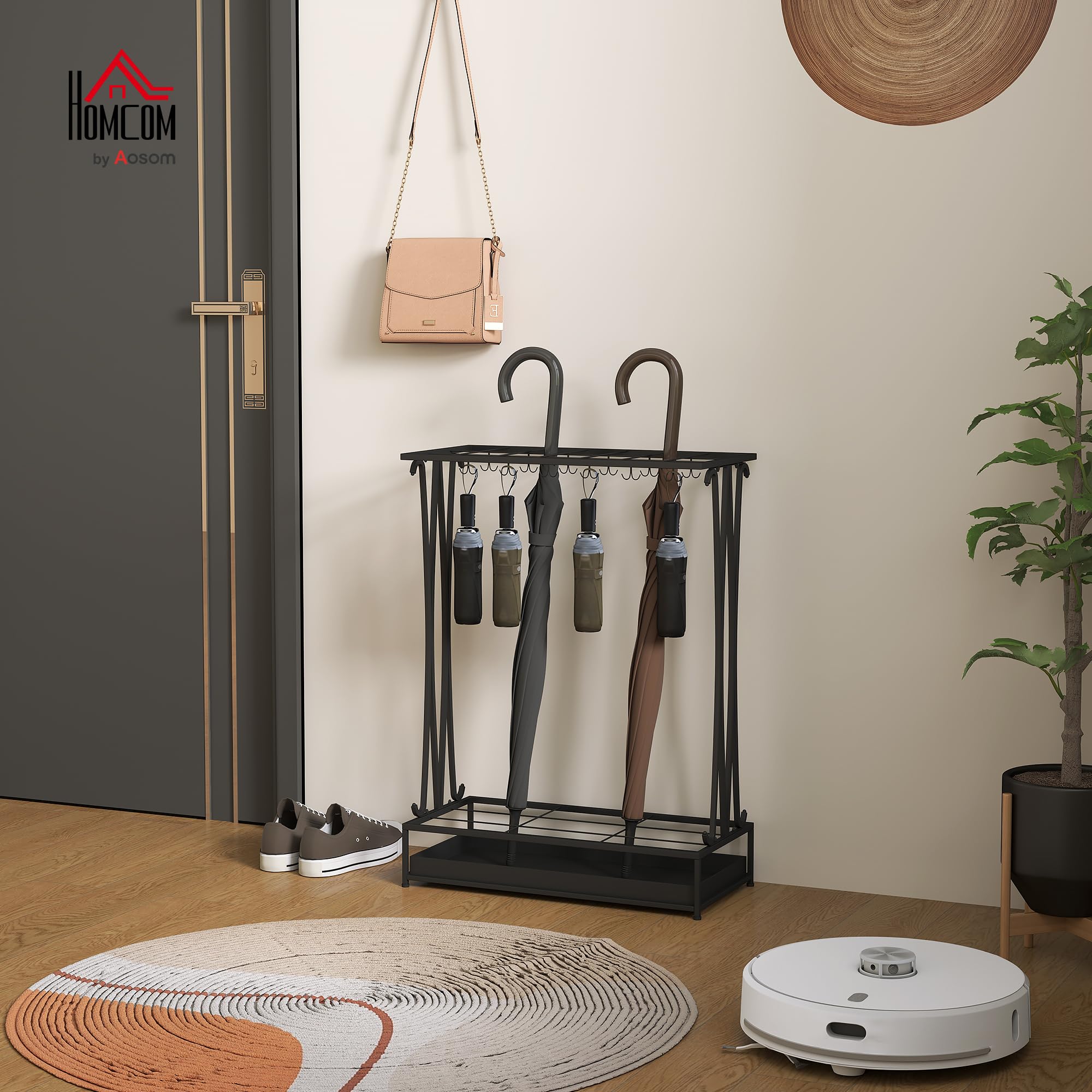 HOMCOM Paragüero Moderno Rectangular Soporte Paraguas Acero 24 Ganchos 21 Espacios Bandeja Recogegotas Extraíble 50x24x68 cm Negro