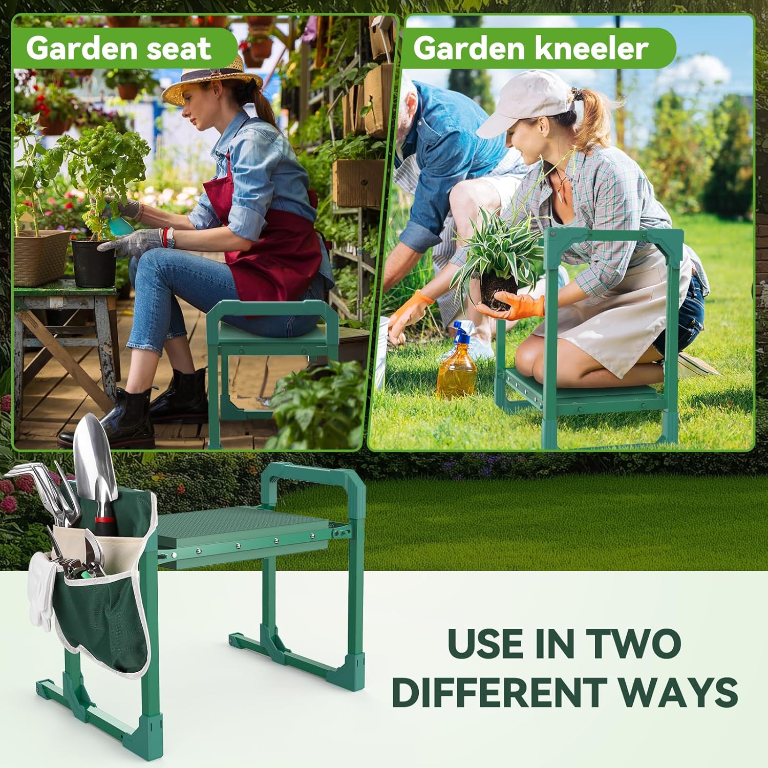 Garden Kneeler and Seat with Anti-Tipping Design, 2-in-1 Heavy Duty Foldable Gardening Stool, Thick Soft Kneeling Pad, 2 Tool Pouches, 400 lbs - Perfect Gardening Gift for Women, Men, Seniors (Green)