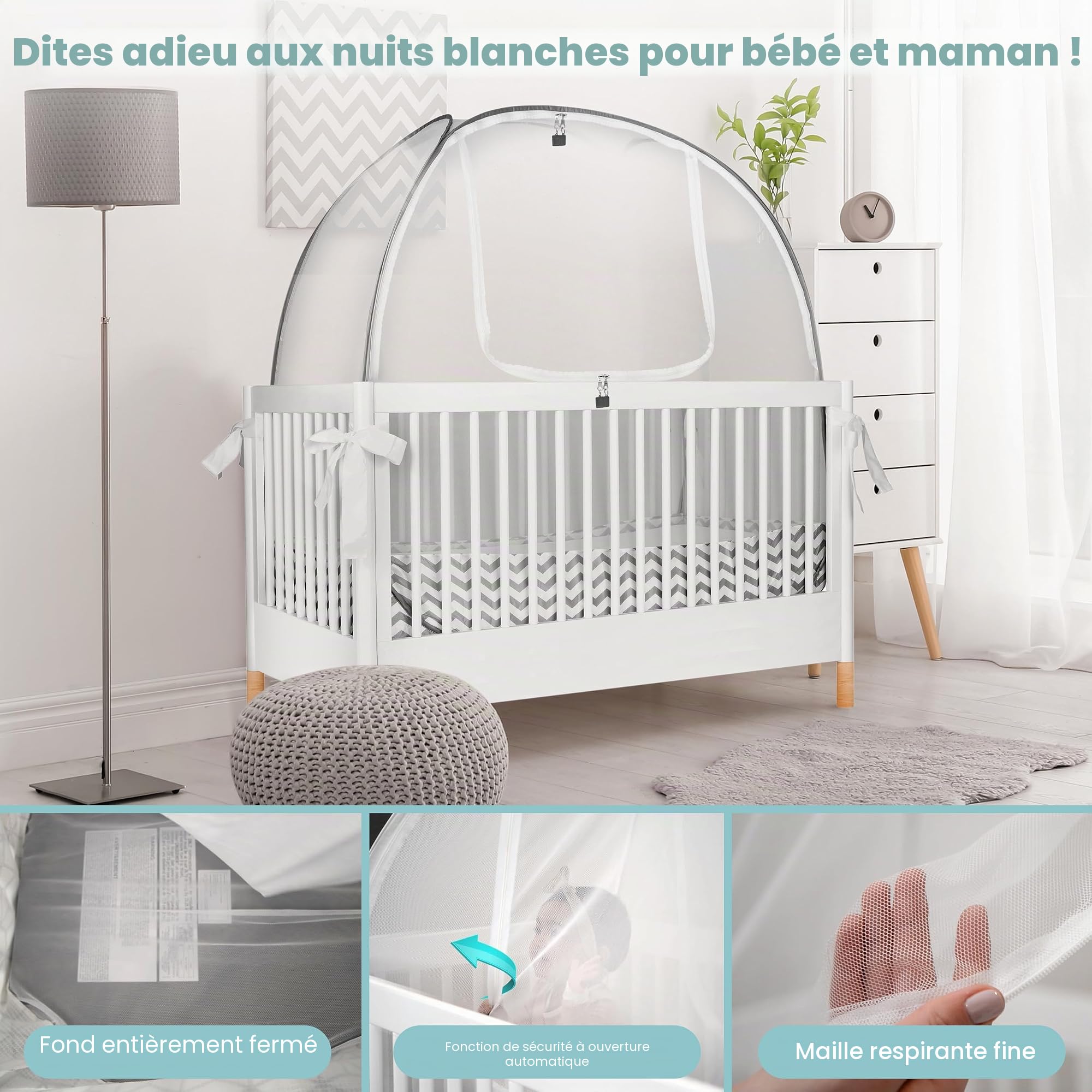 Tente de berceau pour empêcher bébé de sortir – Filet de berceau pop-up respirant pour garder bébé à l'intérieur, housse de sécurité anti-escalade avec fermeture éclair autobloquante, facile à