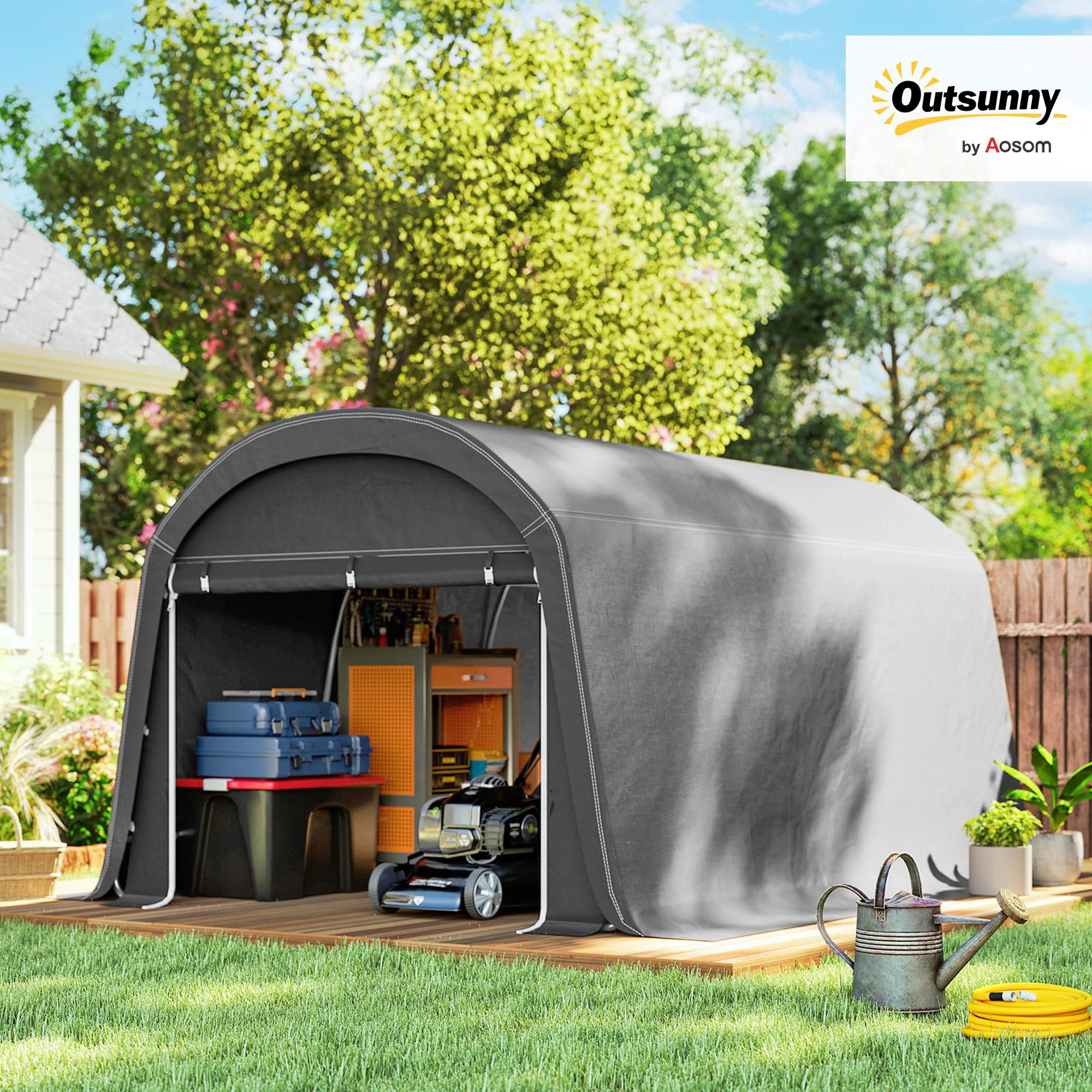 Outsunny Gerätehaus für Fahrräder, wasserdicht Gerätezelt mit Tür, Anti-Staub-Fahrradabdeckung, Unterstand, Foliengerätehaus Fahrradschuppen Fahradgarage für Garten 300x450x230 cm, Dunkelgrau