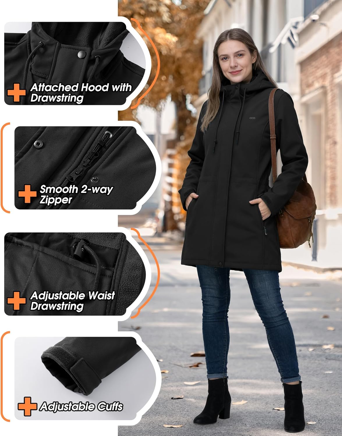 33,000ft Women's Softshell Long Jacket with Hood Fleece Lined Windproof Warm up Waterproof Windbreaker - Image 3