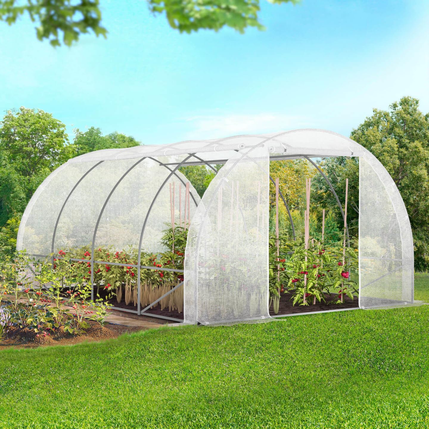IDMarket - Serre de Jardin Tunnel 12m² Blanche Zebra 4 Saisons
