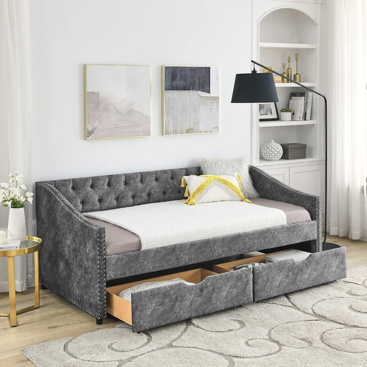 Upholstered Daybed with Drawers, Modern Fabric Twin Size Button Tufted Daybed Frame Sofa Bed, No Box Spring Needed, Space Saving, Grey