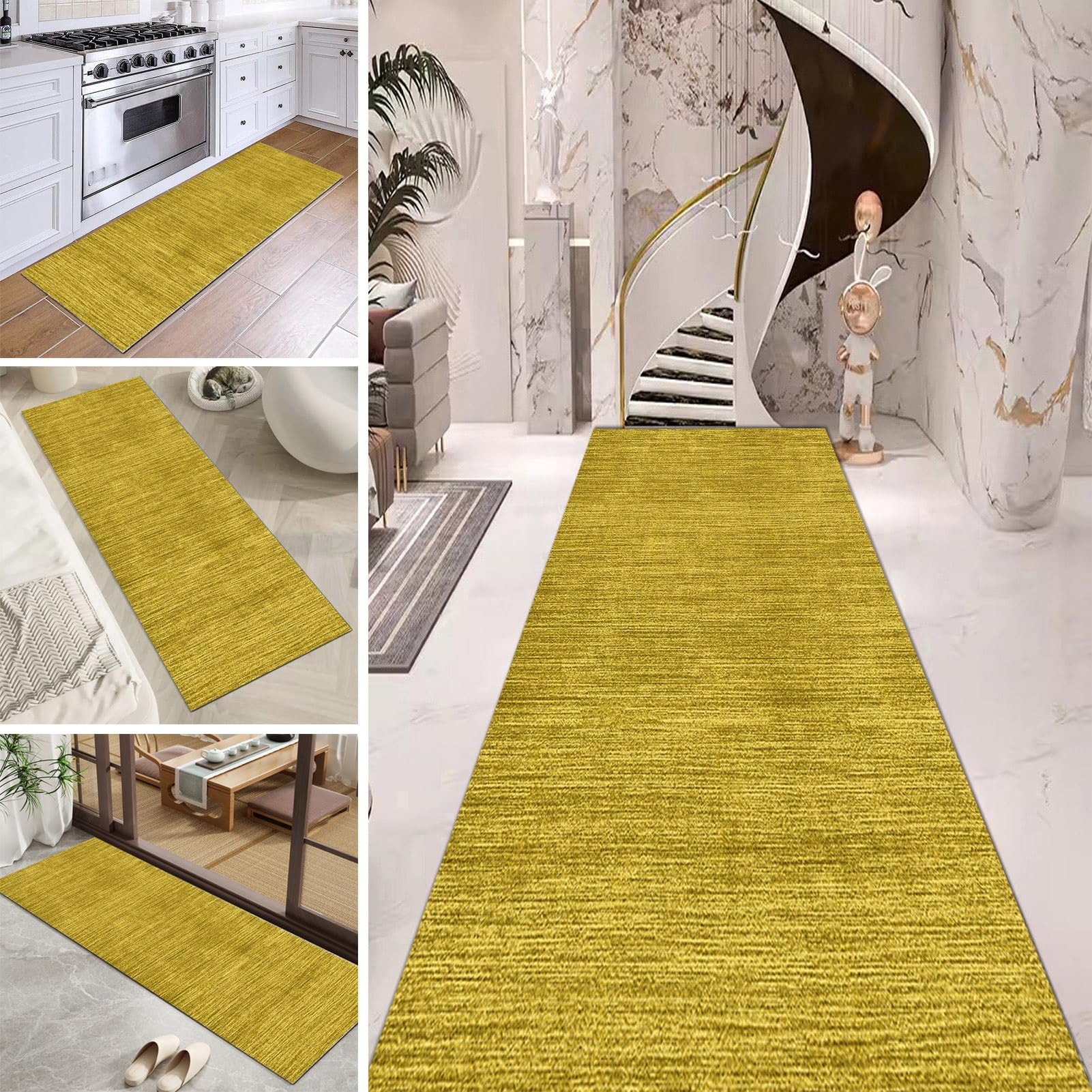 Tapis de couloir jaune moderne 100x400 cm lavable et antidérapant pour entrée