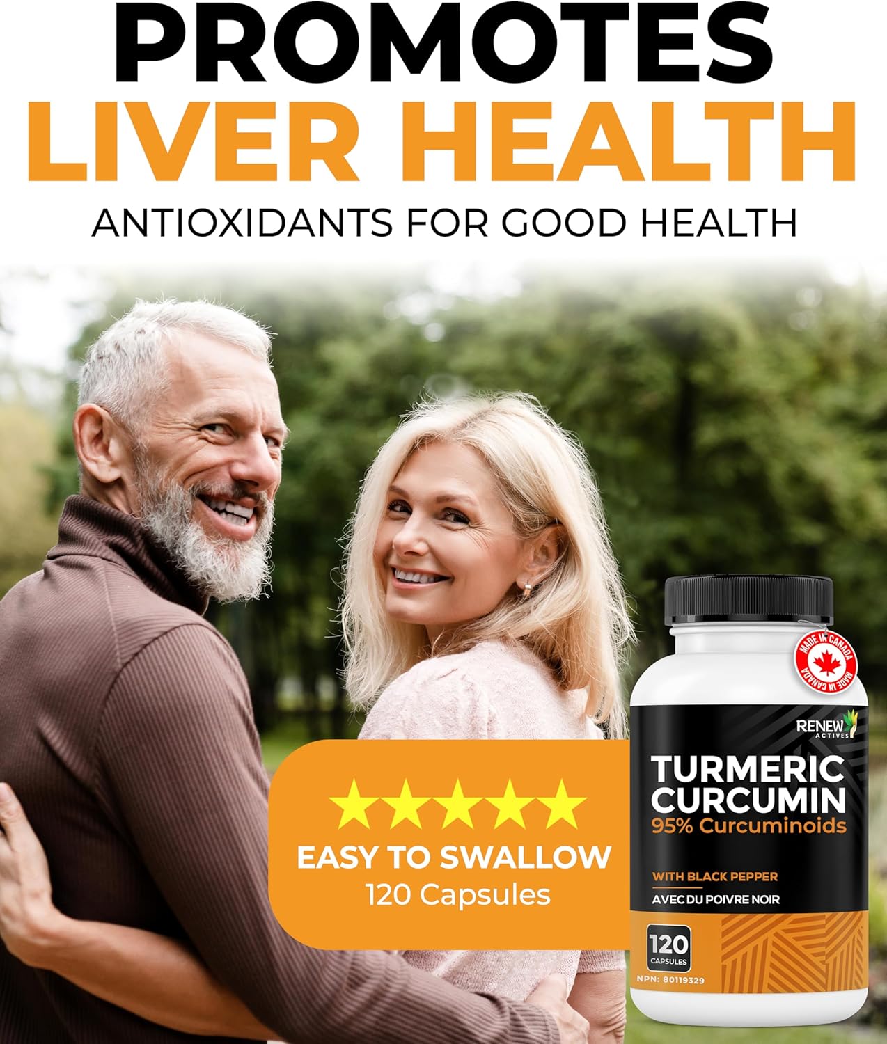 Renew Actives Turmeric Curcumin with Black Pepper – 600MG Turmeric Root, 100MG Curcuminoids per 2 Capsules – Supports Digestion, Liver Health, Joint Relief & Mobility – Made in Canada – 120 Capsules