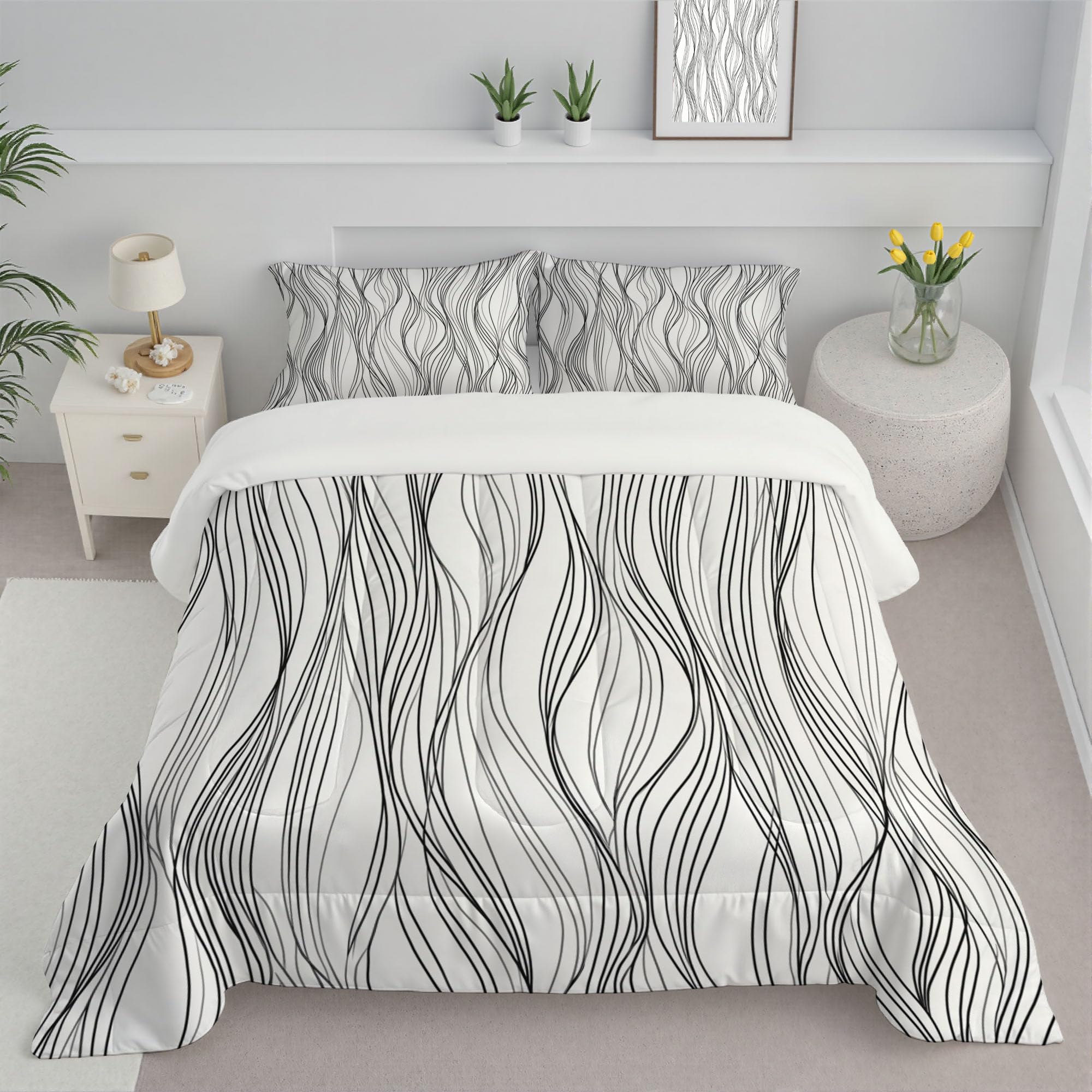 Couette 260x230 cm vagues abstraites edredon leger haut de gamme noir et blanc toutes saisons