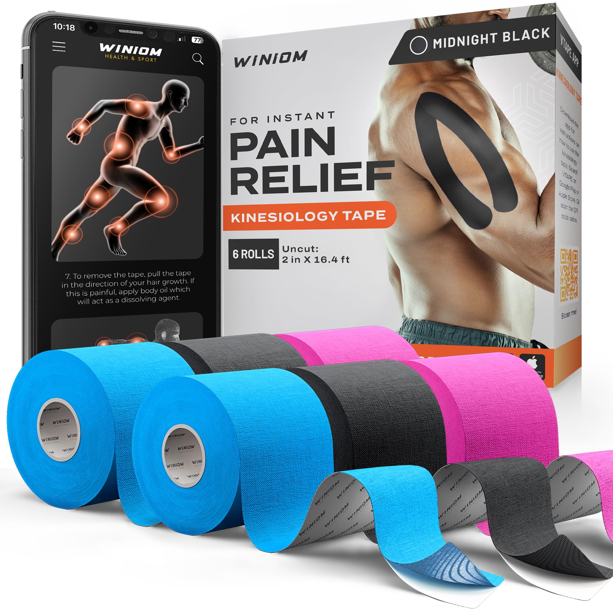 Kinesiology Tape - Waterproof Athletic Sports Tape for Knee, Shoulder, Arm & Back Support | 3-5 Day Adhesion, Hypoallergenic & Latex-Free + Taping Guide (Uncut, 2inx16.4ft, Mixed Colors B, 6-Roll) Midnight Black, Wild Pink, Electric Blue Pack of 6 (Uncut)