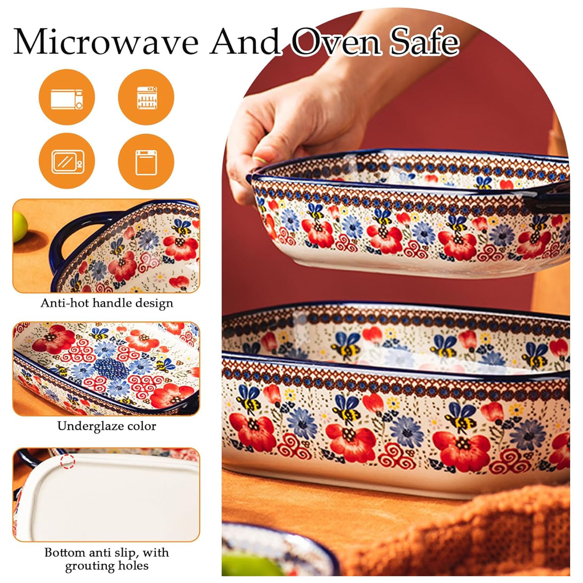 Fuente de cerámica, Bandeja Horno Cazuela De Cerámica, Tazón/Plato Hornear Porcelana Con Asas Para Lasaña, Tiramisú, Tiramisú, Pudín, para Horno, Microondas,baking tray-2pcs