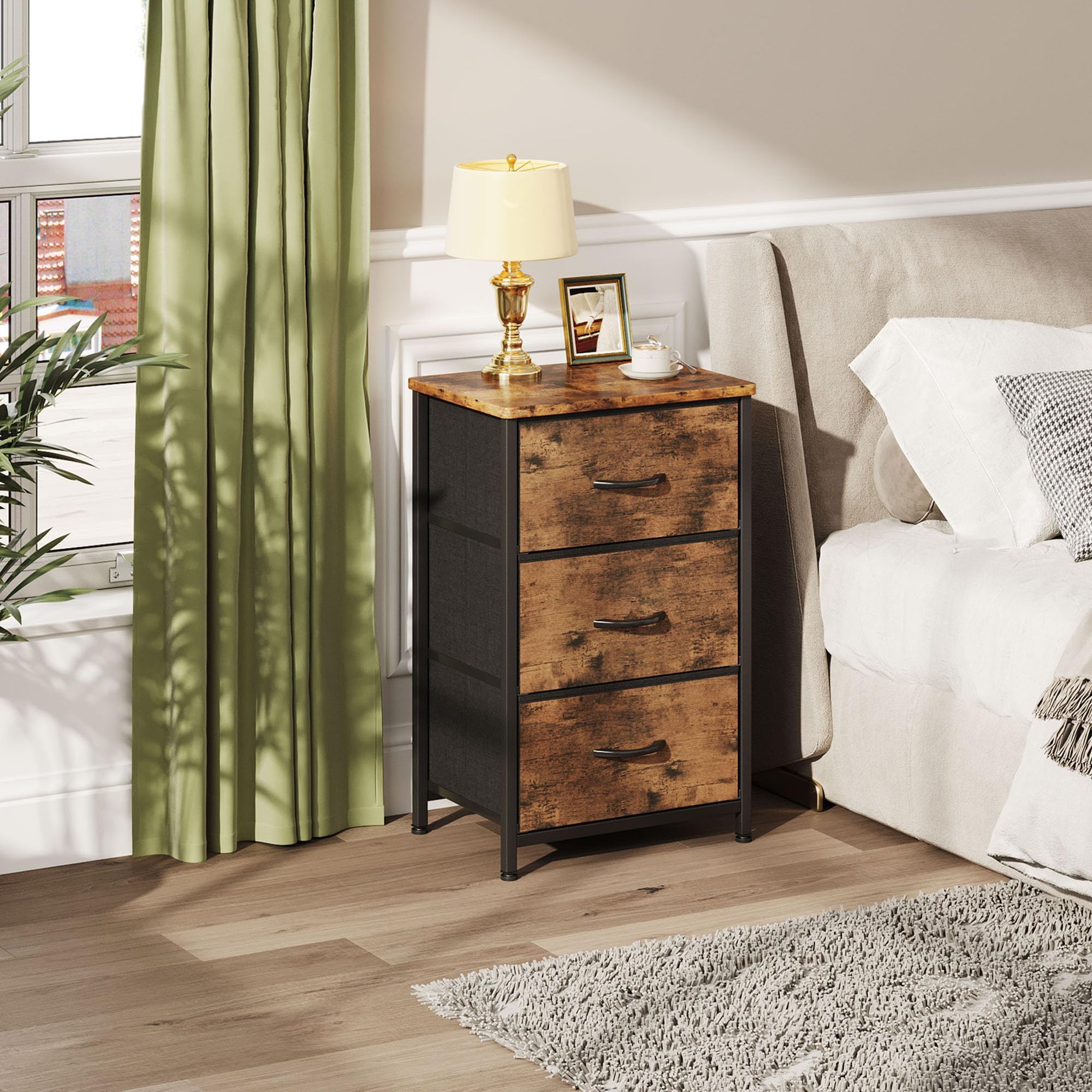 VERMESS Bedroom Chest of Drawers, 3 Fabric Drawer Dresser, Bedside Table, Small End Table for Living Room, Wooden Cabinet Bedside, Narrow Nightstand Side Table (Vintage)