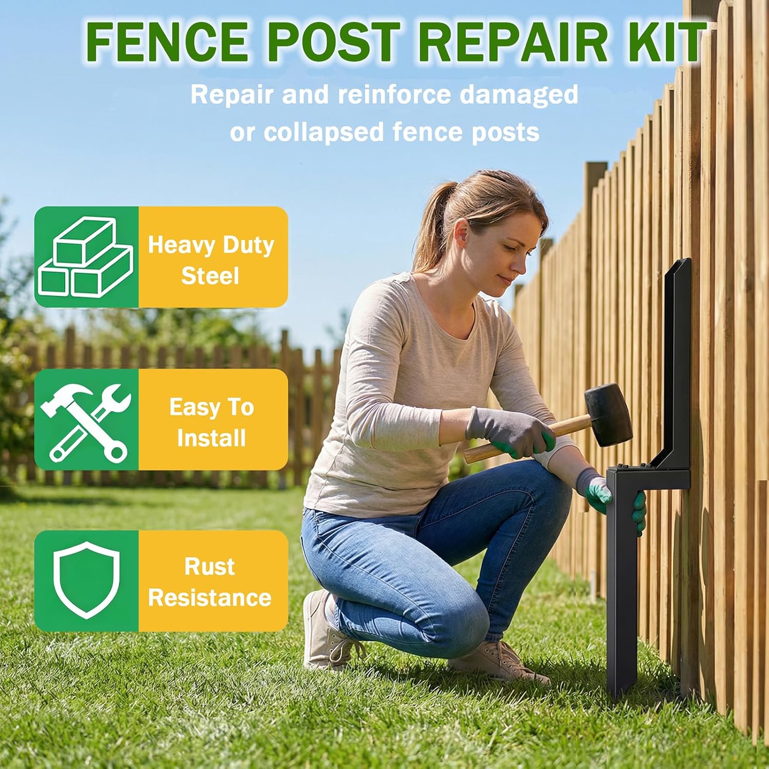 Fence Post Repair Kit, 2-Pack Heavy Duty Steel Fence Post Anchor Stakes for 4x4/6x6 Wood Posts, Thickened Rustproof Ground Spike–Quick & Easy DIY Solution for Leaning or Broken Fence Posts