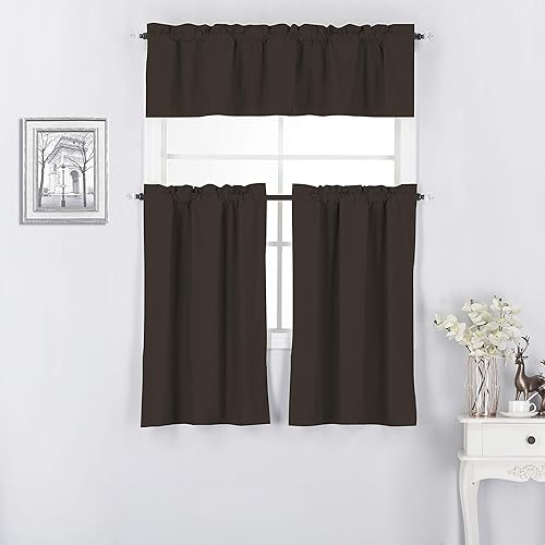 Miniatura 49 de Diamond Home Linens Juego de 3 cortinas y cenefa con forro térmico 100% opaco para ventana de cocina