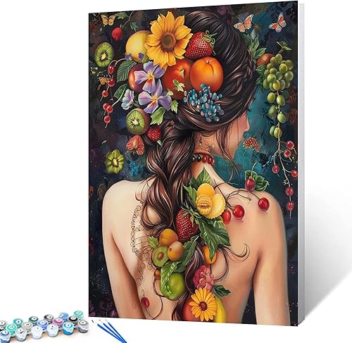 Vista 19 de Tucocoo Tatuajes de Mujeres y Pintura de Frutas por Números para Adultos Principiantes, Chica Tatuada Pintar por Números en Lienzo Fácil de Pintar