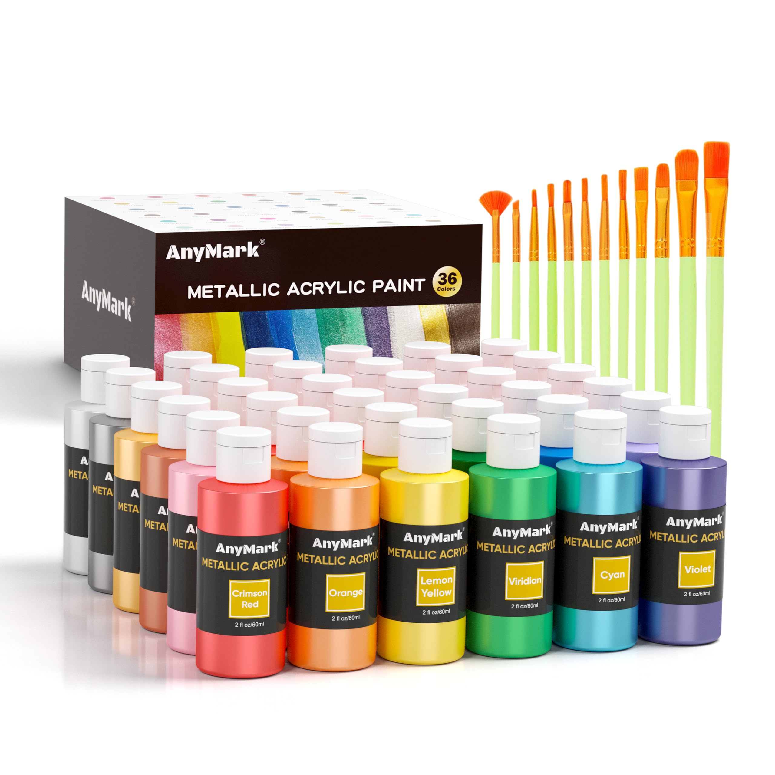 AnyMark Peinture Acrylique Métallique, 36 Couleurs avec 12 Pinceaux