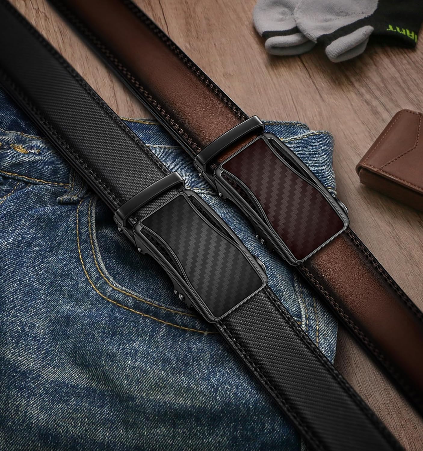 KEMISANT Ratchet Belt For Men 2 Pack,Slide Leather Belt Adjustable For Gift Men Dress Casual Pants Jeans-Cut For Fit - Image 2