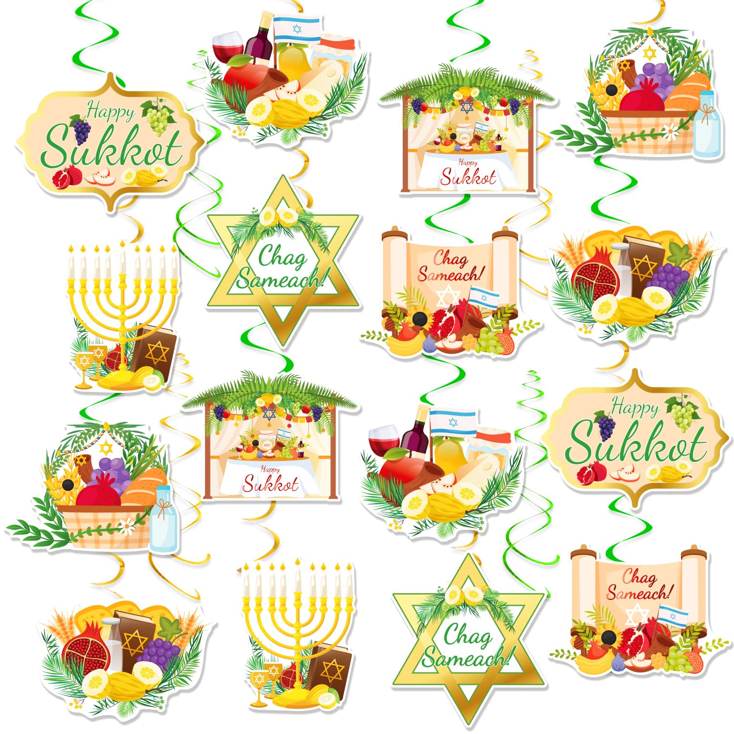 38pcs Happy Sukkot Hanging Swirls, Chag Sameach Party Foil Ceiling Swirls Streams, Happy Sukkah Sukkot Decorations for Jewish Holiday Celebration Festival Decoration and Party