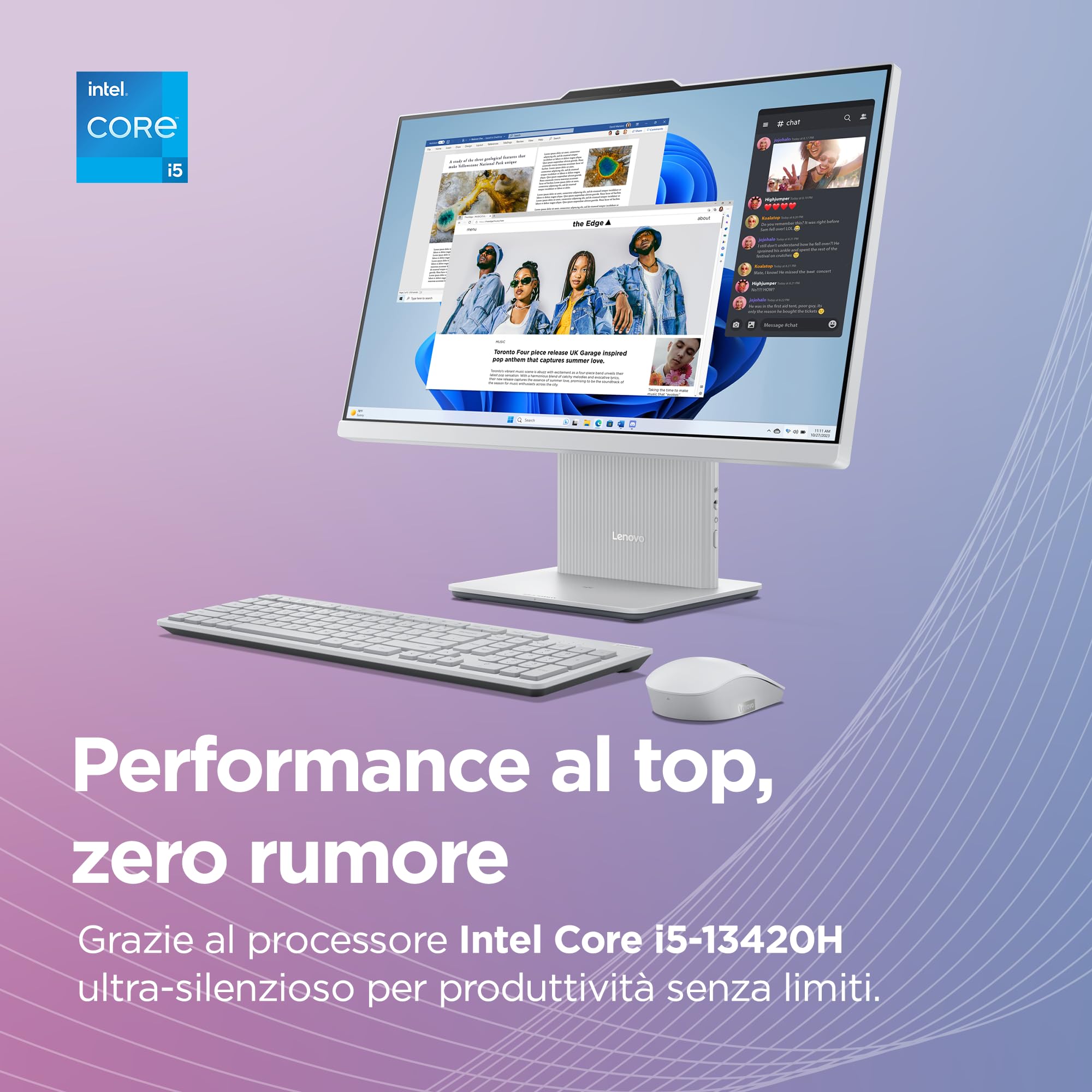 Lenovo IdeaCentre Computer desktop All-In-One, Display 24" FHD, Intel Core i5-13420H, 512GB SSD, RAM 16GB, Base ricarica smartphone wireless, Speakers, WiFi 6, Windows 11 H, Tastiera + Mouse Wireless