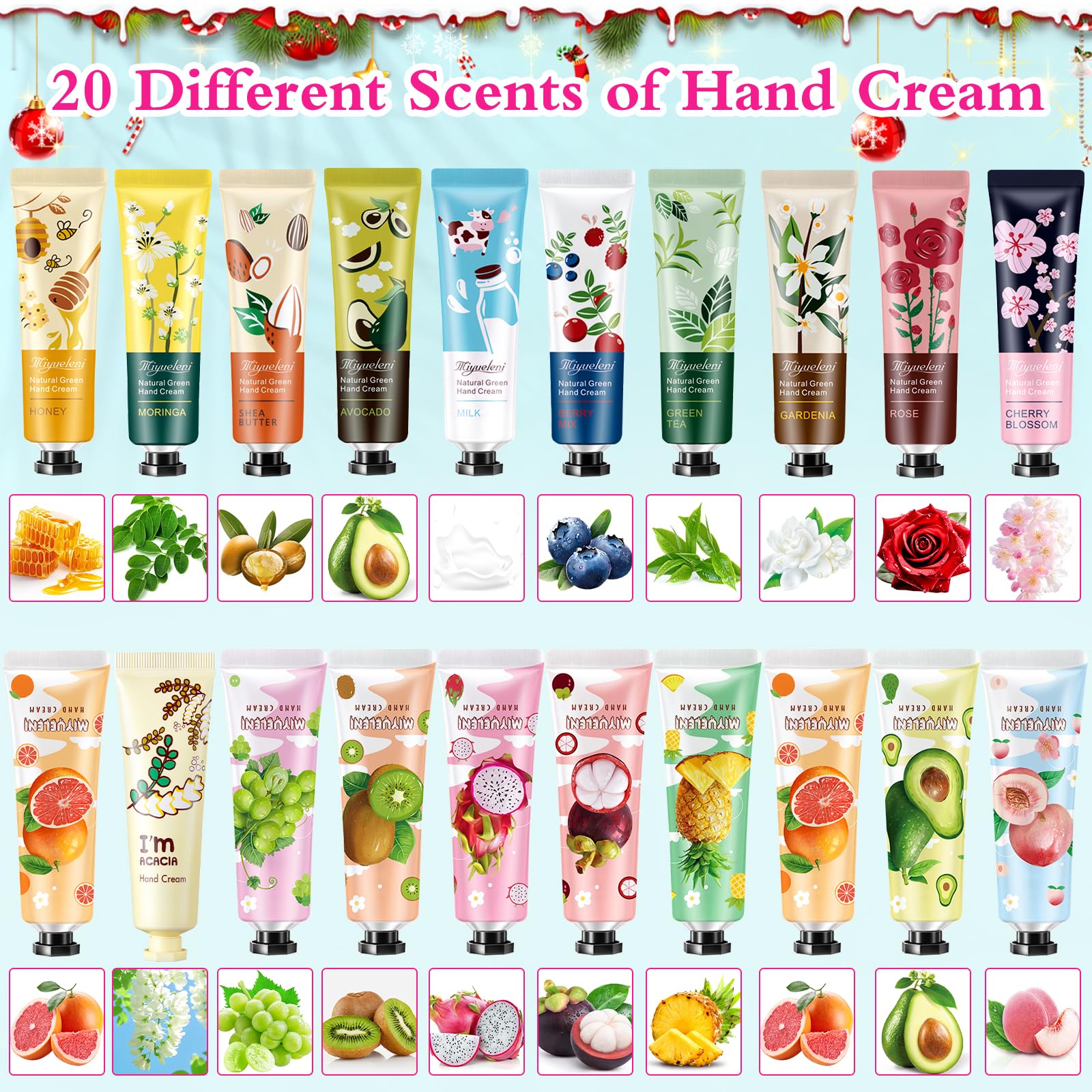 Crema de Mano Mini, 20 Pack Cremas Manos de Regalo Navidad para Manos Secas y Agrietadas, Hidratante, Fragancia para Manos, Pequeño Regalo para Mujeres, Reg-alo de Navidad y Cumpleaños