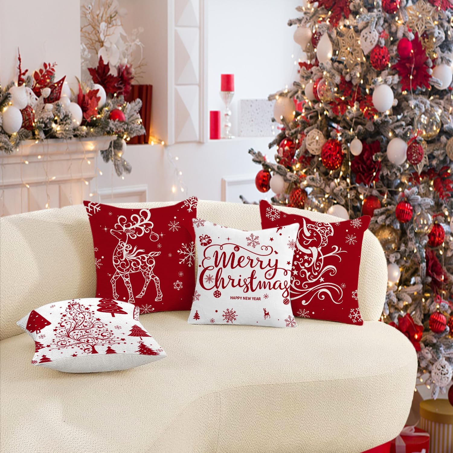 Artmag Red Christmas Throw Pillow Covers 22x22 Set of 4 Decorative Holiday Farmhouse Pillow Covers with Merry Christmas, Trees, Deer, Snowman Designs