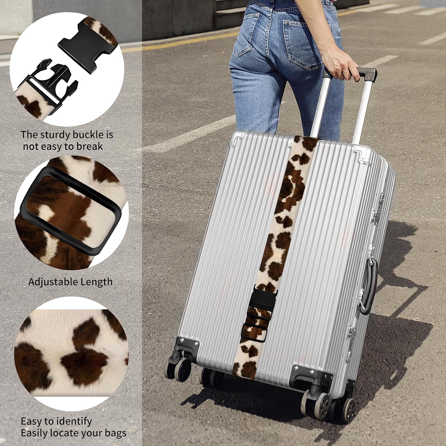 Luggage Straps for Suitcases, Heavy Duty Travel Belt with Quick-Release Buckle, Adjustable Suitcase Strap, Cute Luggage Accessories for Travel Brown Cowhide image 2