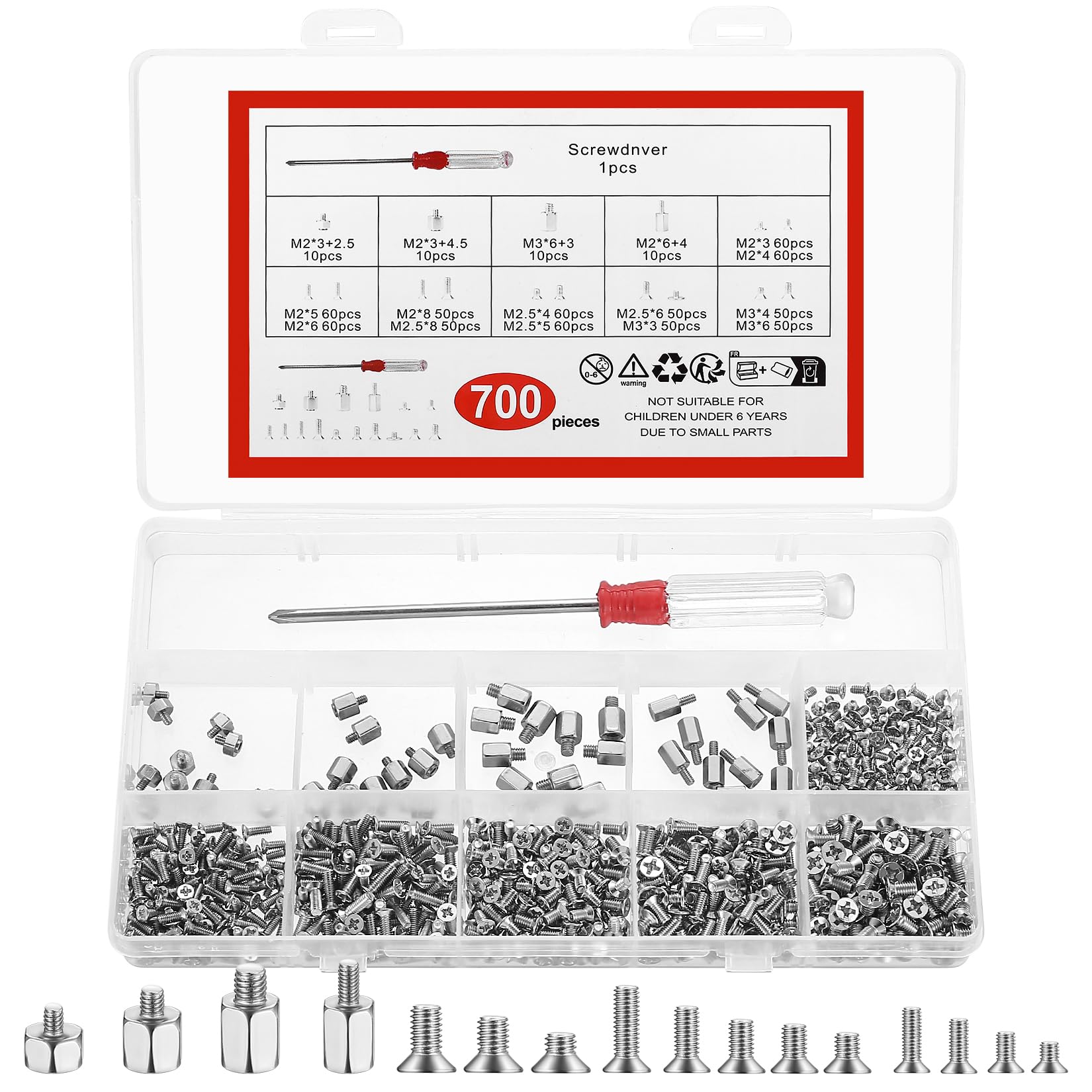 700 Pcs Tornillos para Ordenador Portátil y Computadora, Cabeza Cruzada Avellanados y Plana para PC SSD, M2 M2.5 M3 + Destornillador
