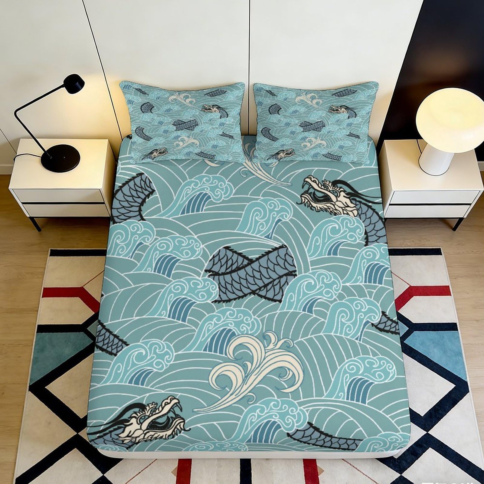 3D Printed Dragon Wave Fitted Sheet Microfiber Soft Breathable Fish Pattern Bed Cover for Bedroom Dormitory Guest Room Mattress Protection Decor 160x200x25cm