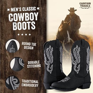 Men's Cowboy Boots - Round Toe Western Boots with Embroidery, Pull-On Fit, Durable Rubber Sole Mens Shoes