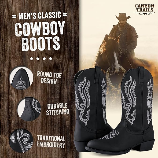 Men's Cowboy Boots - Round Toe Western Boots with Embroidery, Pull-On Fit, Durable Rubber Sole Mens Shoes