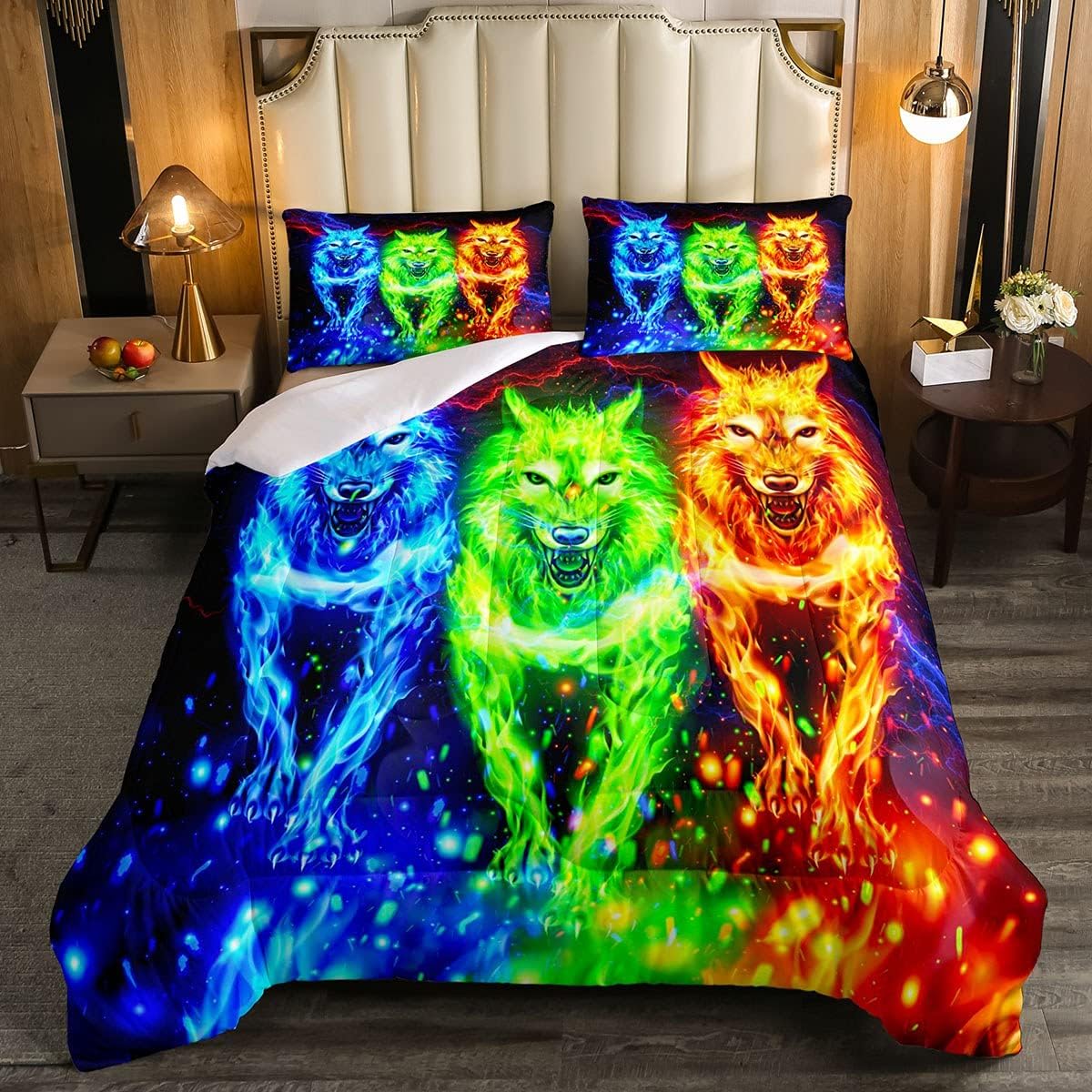 Boys Wolf Comforter 3D Safari Animal Bedding Set for Kids Girls Galaxy Lighting Decor Comforter Set Blue Green Orange Quilt Setwith 2 Pillowcases 3Pcs Bedding Full Multi 17 Full