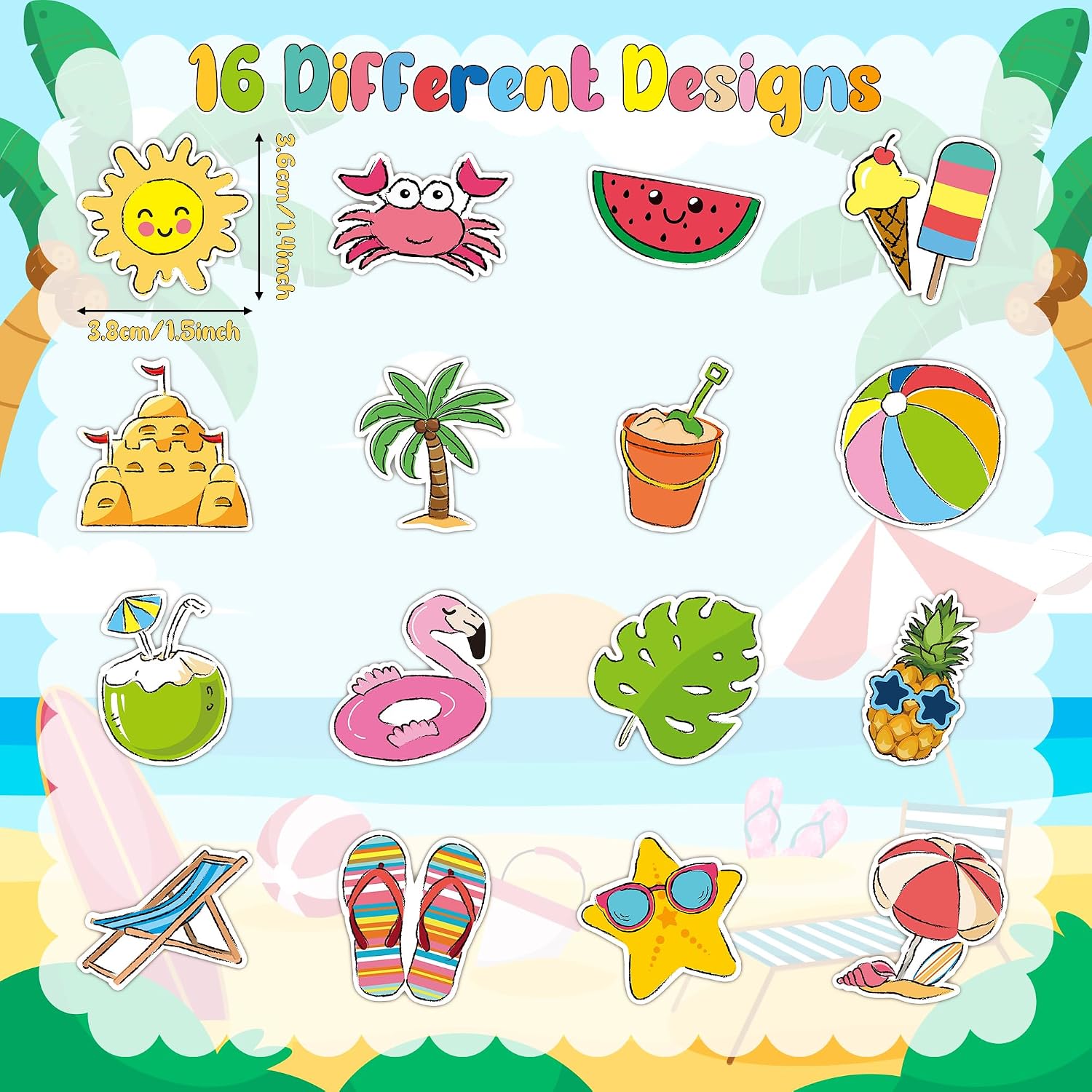BeYumi Summer Beach Roll Stickers - 1000Pcs Summer Beach Stickers in 2 Rolls Waterproof Vinyl Cute Drawing Style Decals for Phone Laptop Water Bottle Notebook Luggage Computer Envelope Decor