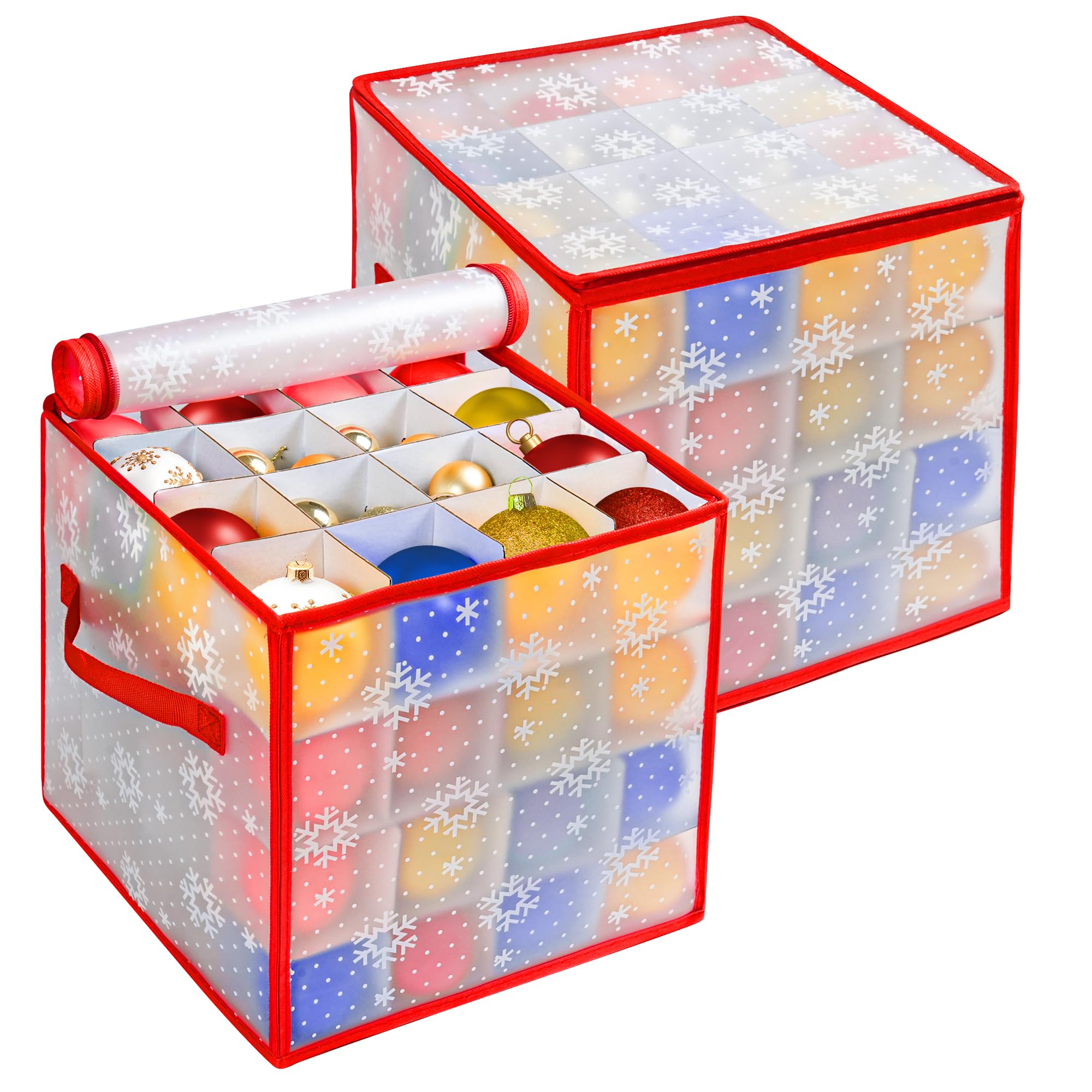Enipate 2 Pack Christmas Bauble Storage Box Cube With Dividers, Foldable Clear Xmas Ornaments and Decorations Container, Stores up to 64 Baubles, 4 Layer Holder with Card Slot, Zipped Lid & 2 Handles