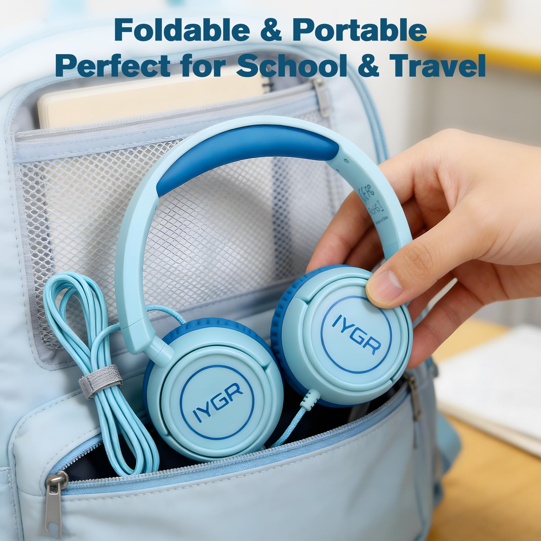 K6, cuffie USB tipo C per bambini, per la scuola, volume sicuro da 94 dB, suono stereo HD, cuffie on-ear pieghevoli leggere (ciano)