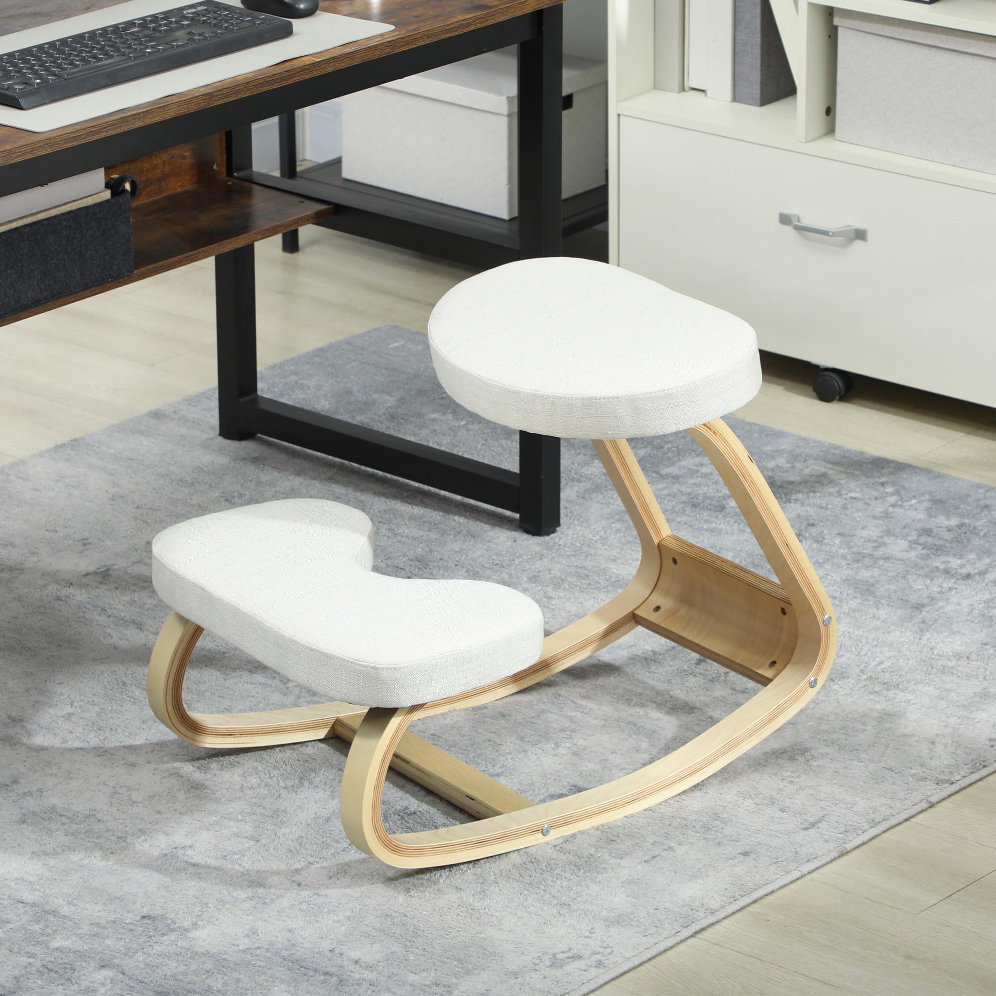 HOMCOM - Asiento de rodillas, asiento ergonómico de madera, mecedora, silla de rodillas, para oficina en casa, mejora la postura, dolor de espalda, crema