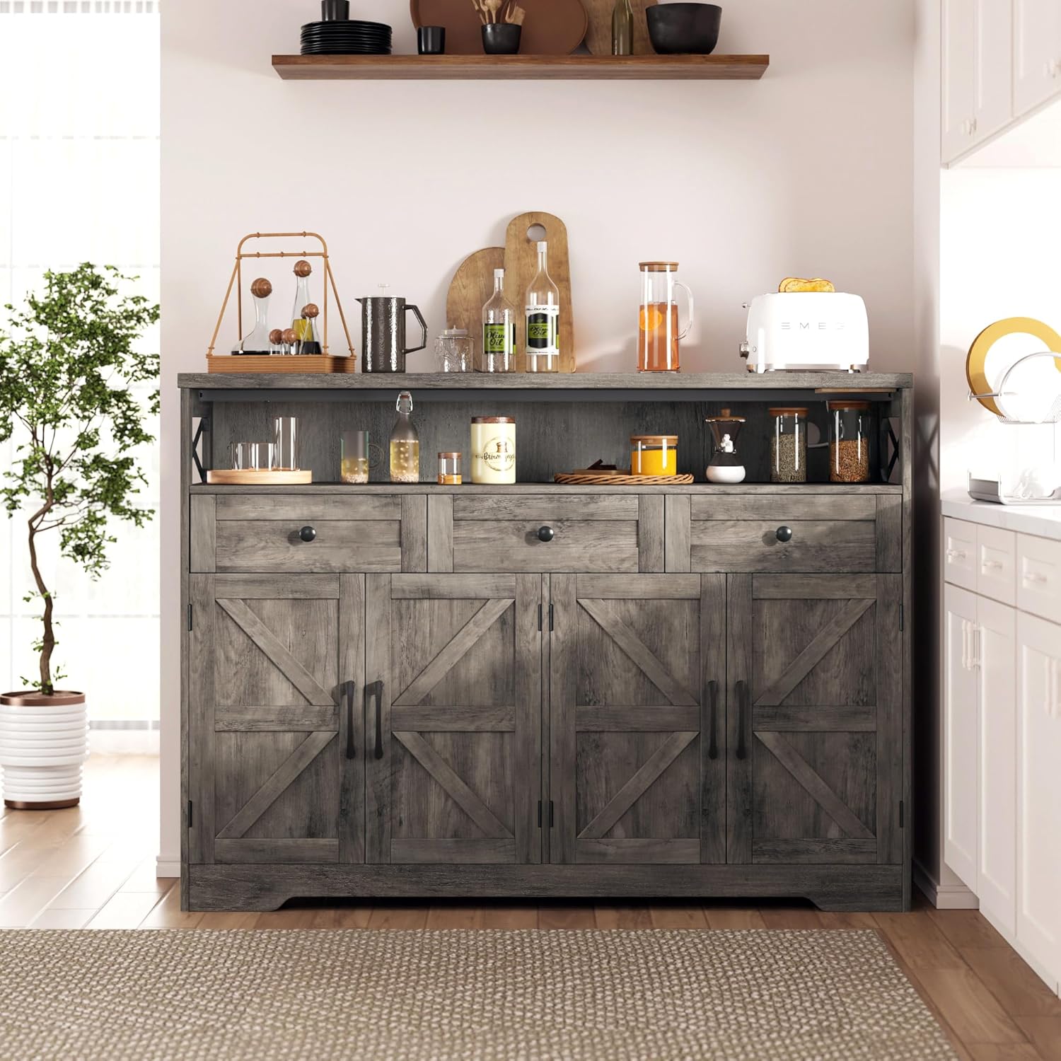 Befrases Farmhouse Buffet Cabinet with Drawers, Sideboard with Storage, Kitchen Pantry Cabinet Hutch, Wood Coffee Bar Station for Kitchen, Livingroom, 52" L Rustic Grey