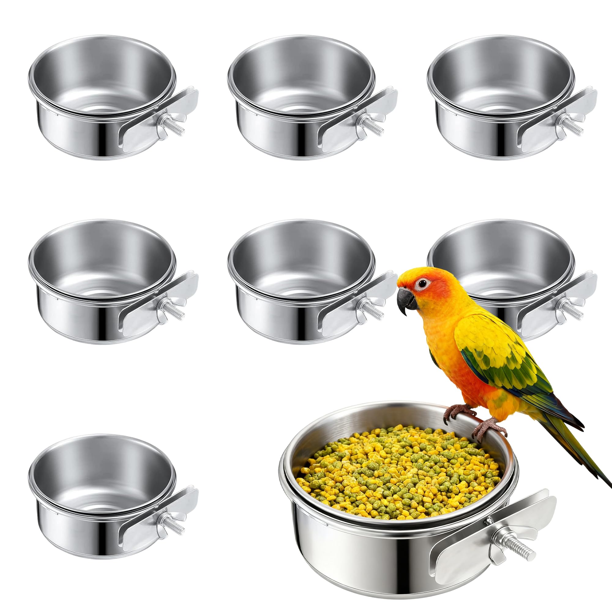 8 Pcs Stainless Steel Bird Food & Water Bowls with Clamp Holder - Hanging Bird Cage Feeding Dishes, Pet Feeders for Cockatiel, Conure, Budgie, Parakeet, Macaw & Small Animals