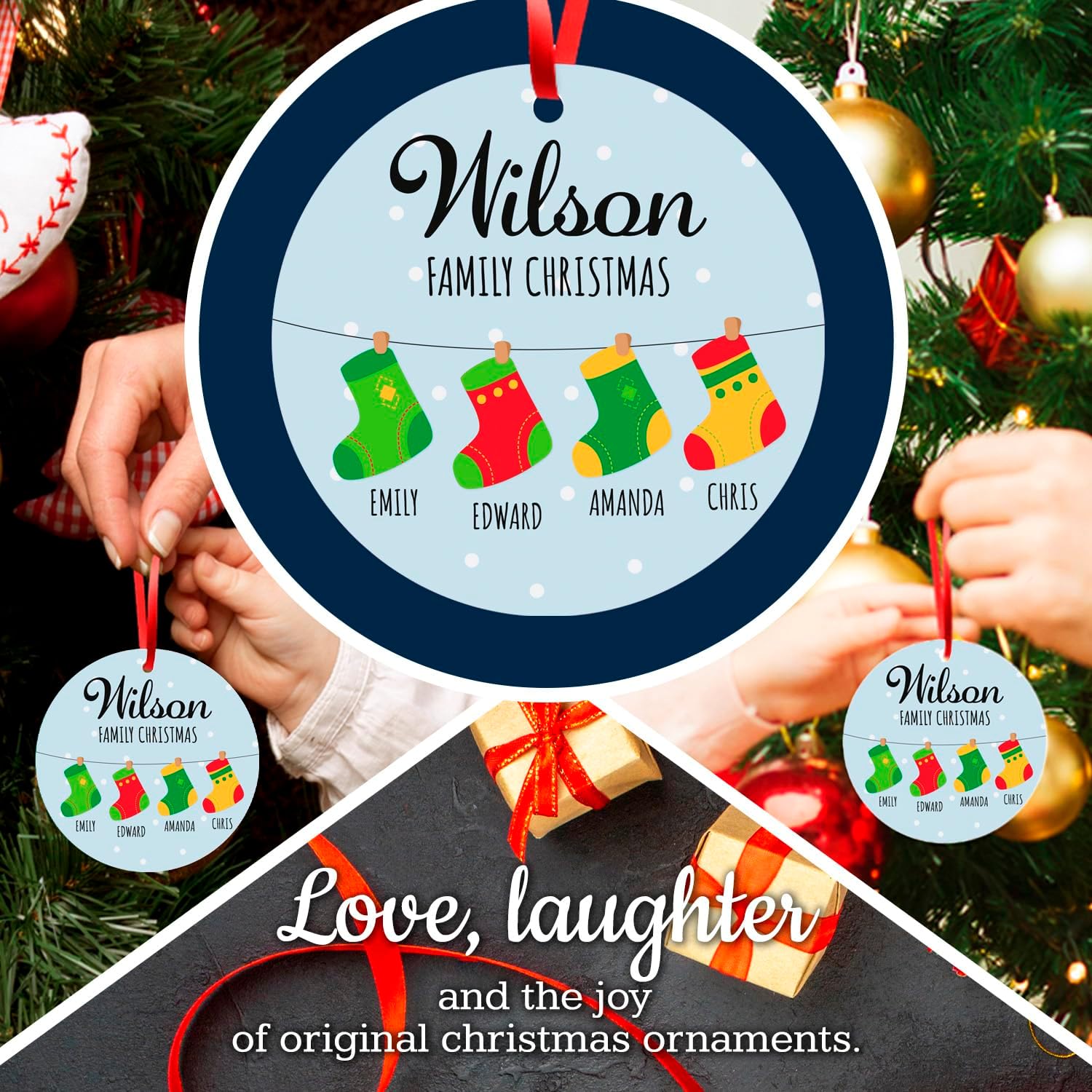 Soul Décor Custom Christmas Ornament, Personalized Stocking 2025 Ornament Name Decor for Christmas Tree Family of Four, Velvet Pouch Included, Large 3.75" Round ACM Ornament