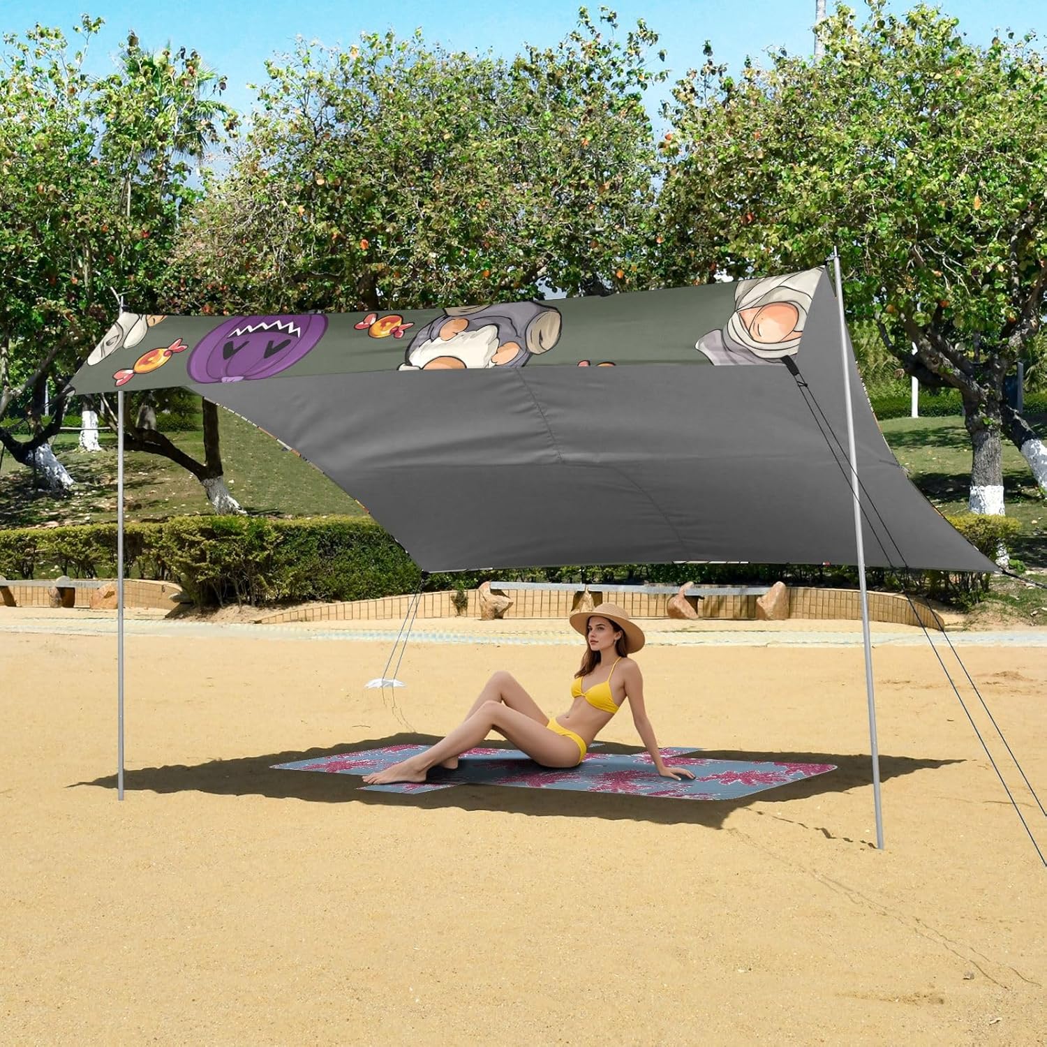 ALAZA Gnome Pumpkin Halloween Beach Tent Sun Shelter UPF50+ Protection Beach Shade Canopy w/ 4 Sandbags for Outdoor Camping, Fishing, Backyard Fun, Picnic, 10x9 ft