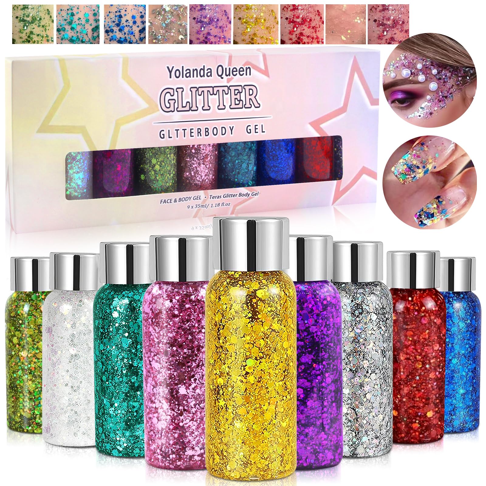 9 Botellas Purpurina Líquida para Maquillaje, Purpurina Cara Festival Gel, Body Glitter Gel, Cosméticos para Cosméticos, Pelo, Uñas, Fiesta(Blanco/Oro/Plata/Rosa/verde/Púrpura/Rojo/Azul Real/Azul)
