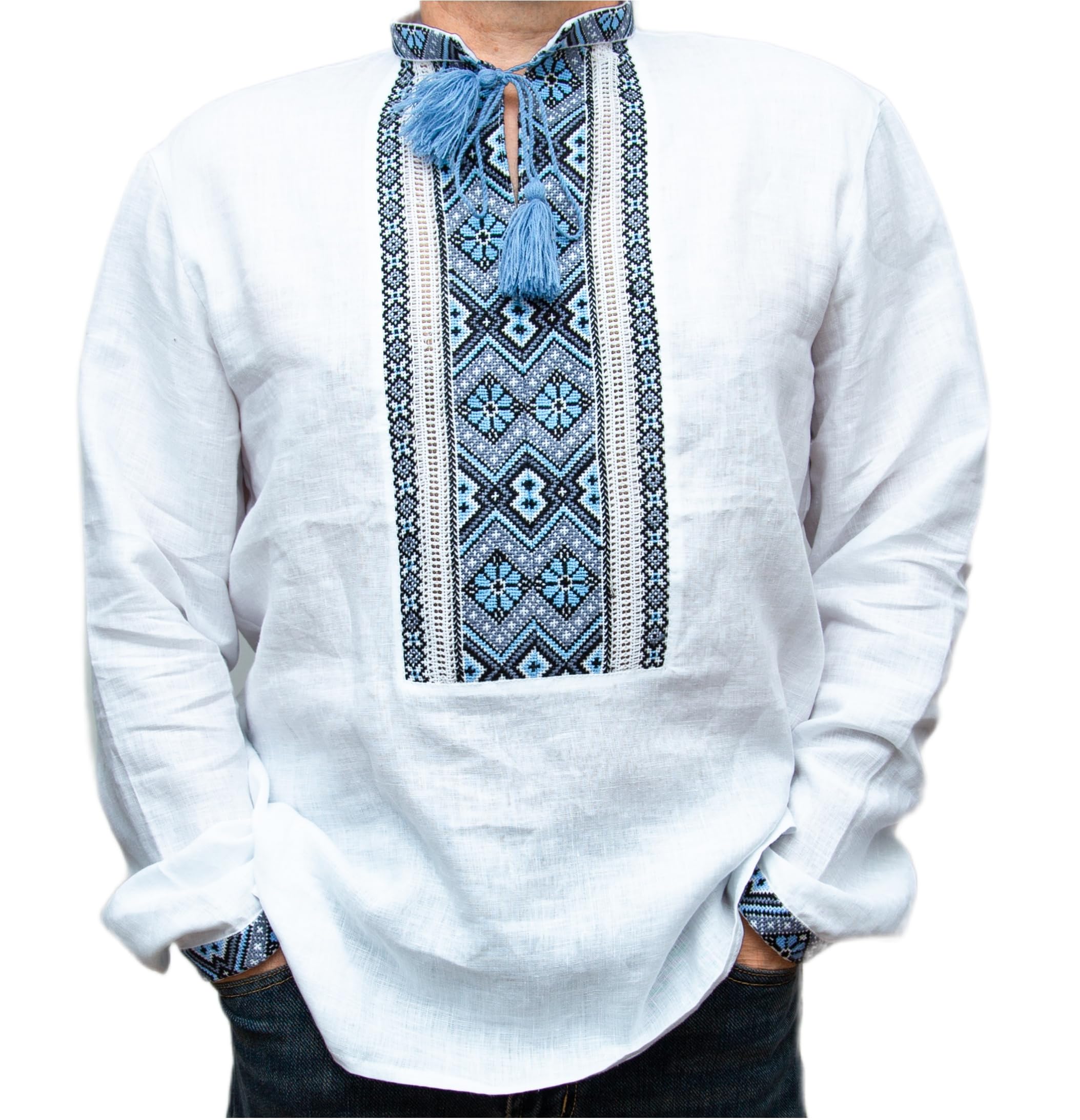 Rushnichok Vyshyvanka Men's Ukrainian Embroidered Linen Shirt Wedding Handmade White Blue Gray XL
