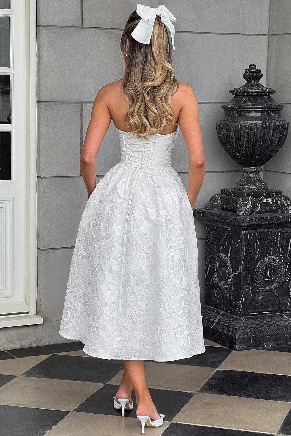 SoDigne Strapless Floral Jacquard Satin 2025 Midi Prom Dresses Tea Length A Line Evening Party Gown - Image 3