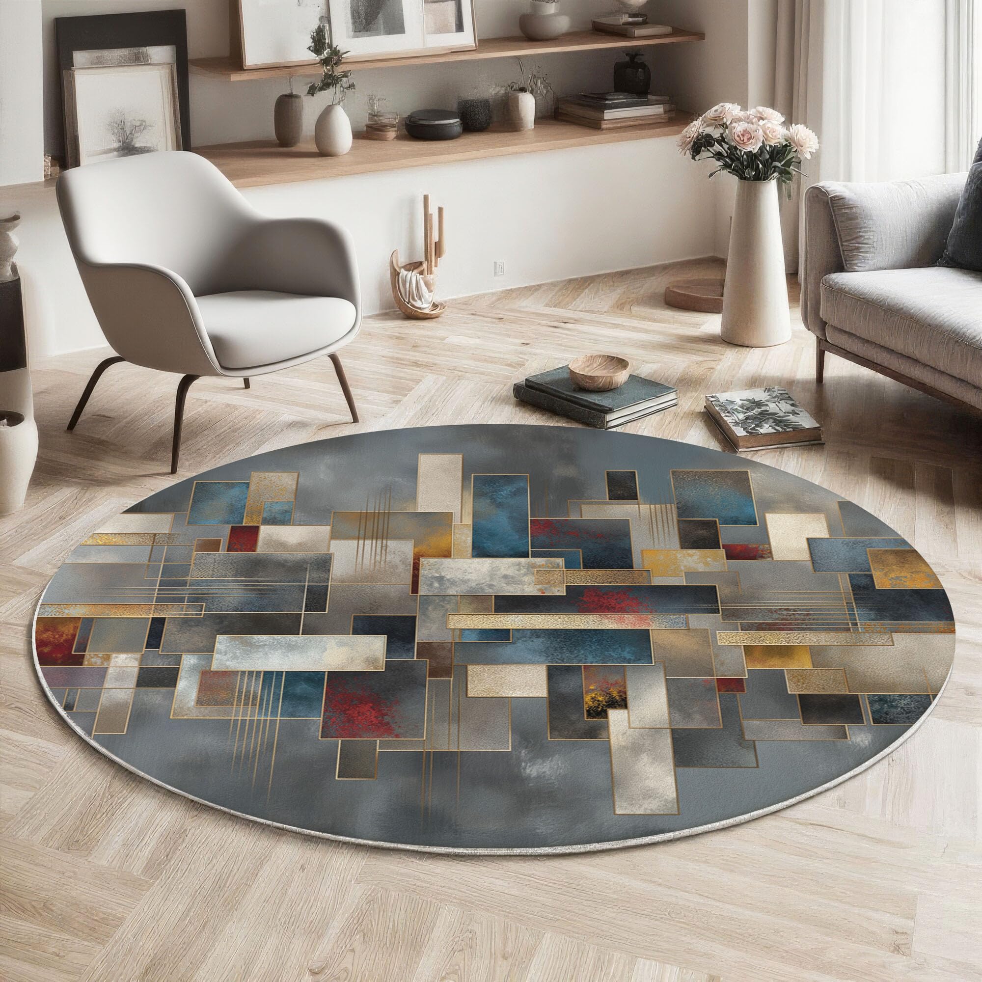 Tapis rond imprimé abstrait gris 100cm au design moderne et finition soignée