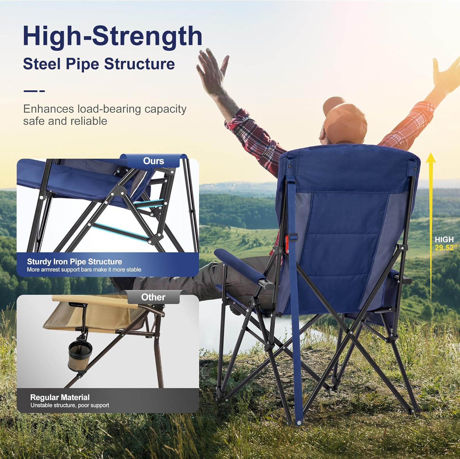 LET'S CAMP Oversized Camping Chairs 29.52" High Back Heavy Duty Lawn Chair Support 500LBS, Portable Collapsible Chair with Cup Holder, Side Pocket,2 Pack(Blue) - Image 7