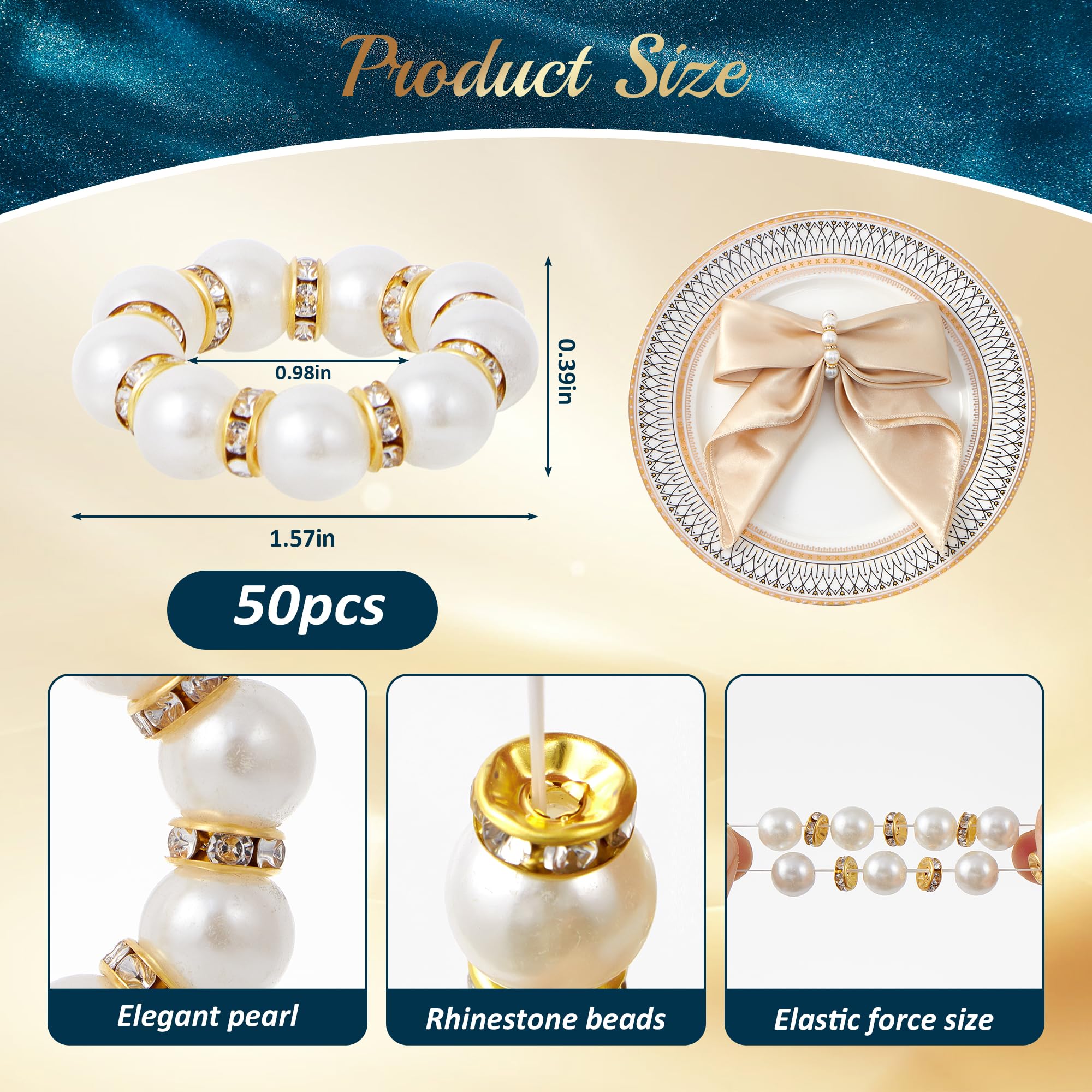 APTWOW Pearl Gold Napkin Rings Set of 50 - Imitation Pearl Napkin Holder, Disposable White&Gold Napkins Rings Bulk for Wedding Party Birthday Banquet Table Decor and Daily Use